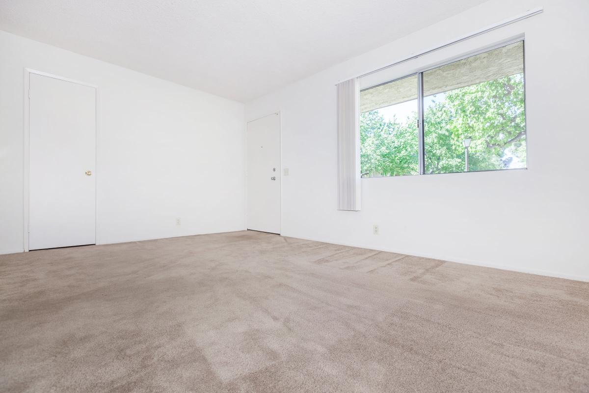 Vacant carpeted living room with a window