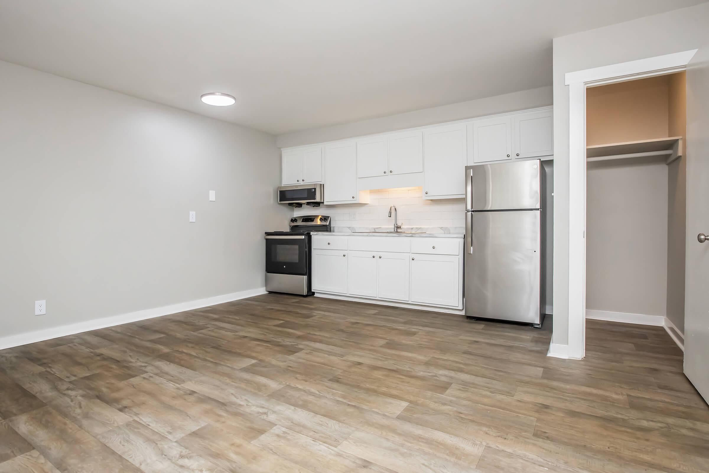 A spacious, modern kitchen with white cabinetry, stainless steel appliances, and a large window. The room features wood-like flooring and light grey walls, offering a clean and airy feel. There's also an empty closet opening visible to the right.