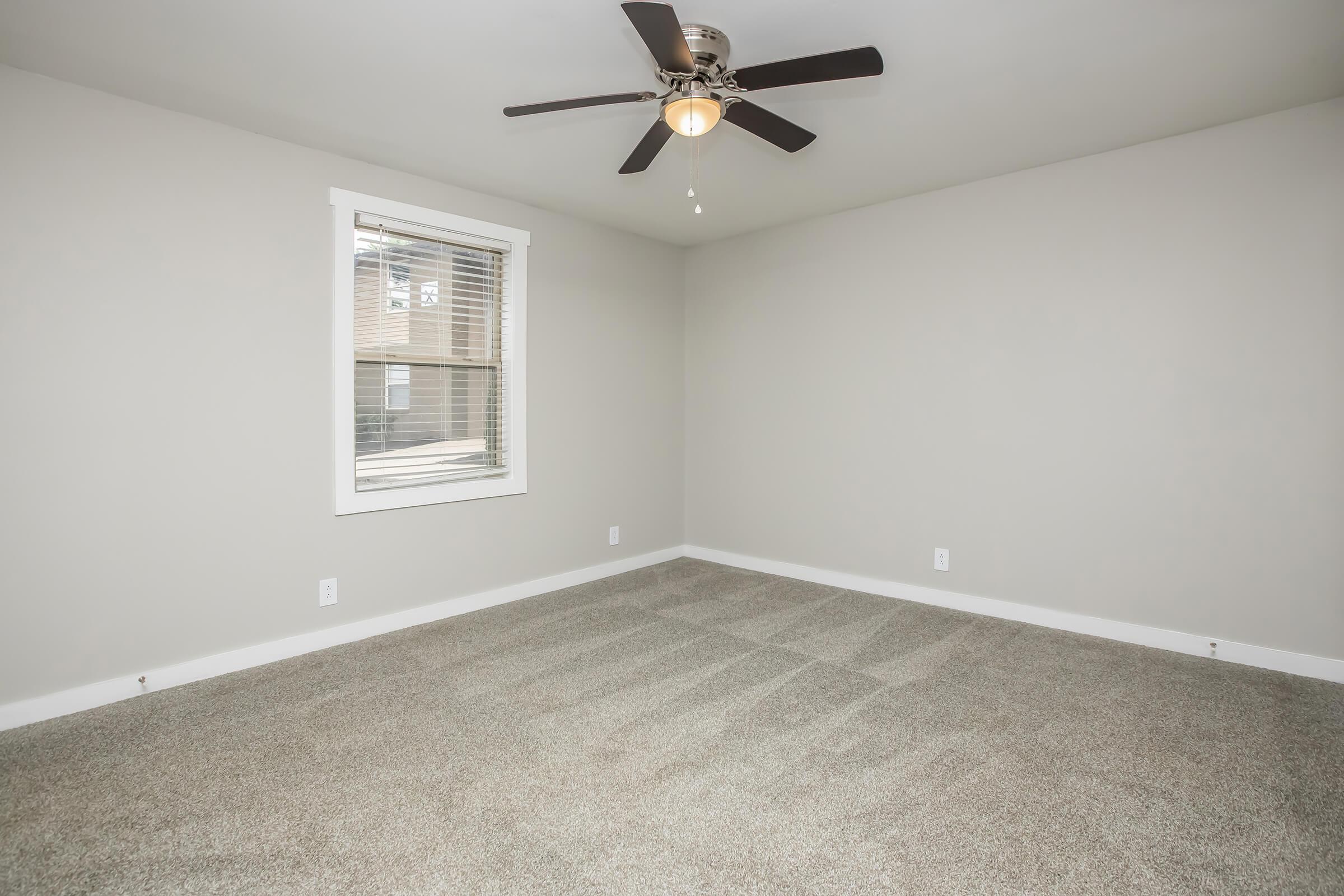 A vacant room featuring light gray walls, a ceiling fan, and a window with blinds. The floor is covered in plush, neutral-colored carpet, giving the space a clean and inviting look. Natural light streams in through the window, highlighting the room's simplicity and potential for personal decoration.
