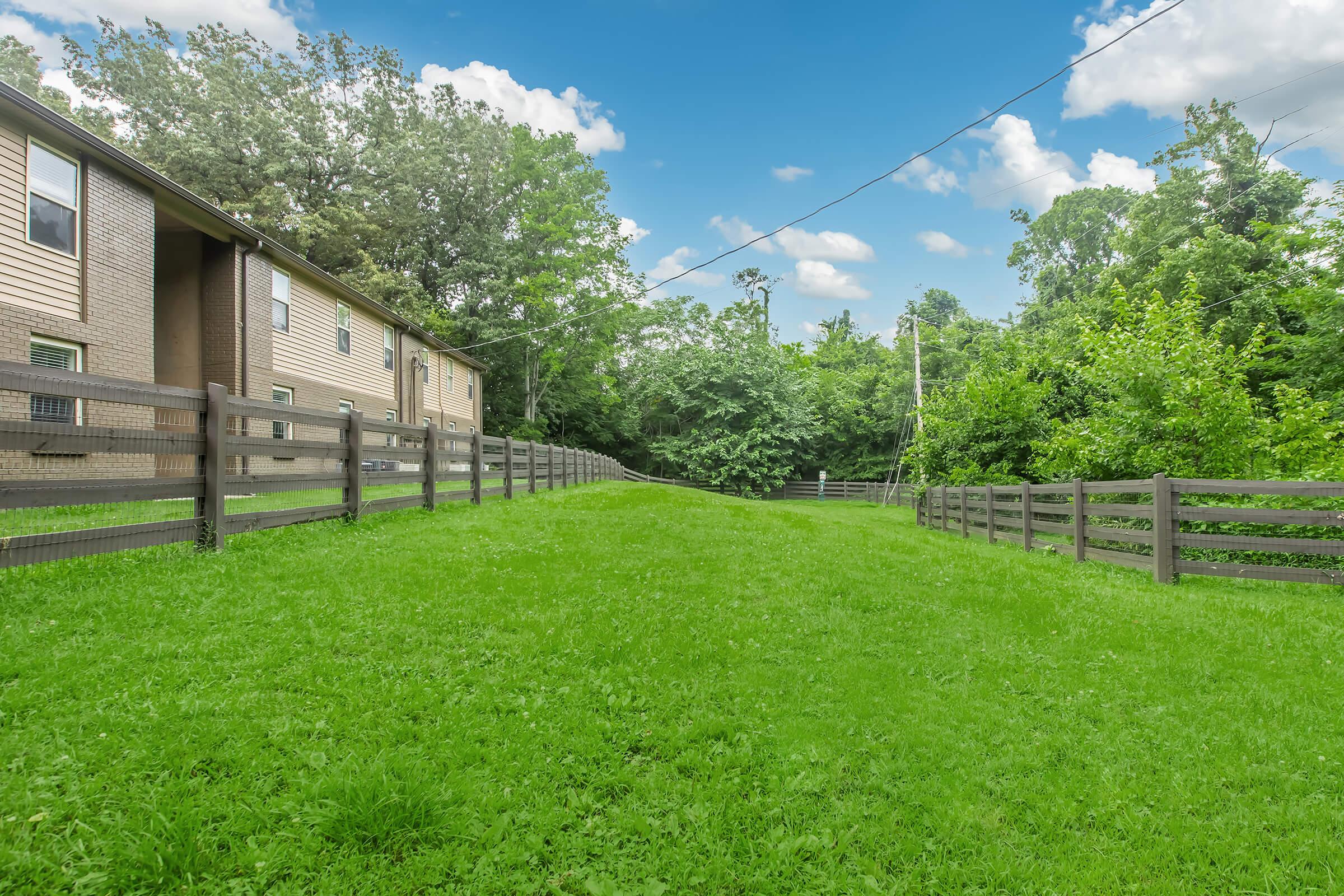 A wide, grassy pathway leading between two houses, flanked by wooden fences. Lush green trees and shrubs are visible in the background under a bright blue sky with fluffy white clouds. The scene conveys a peaceful, suburban environment.