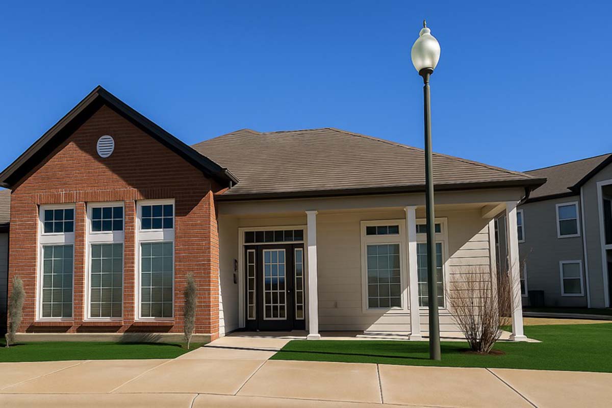 A modern single-family home featuring a brick facade and large windows, set against a clear blue sky. The house has a covered porch and manicured landscaping, with a street lamp nearby. A concrete driveway leads to the entrance, highlighting the neatly maintained exterior.