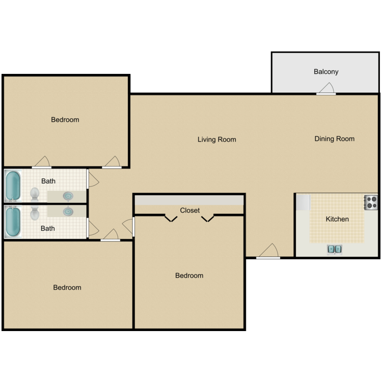 Floor plan image of 3 Bed 2 Bath