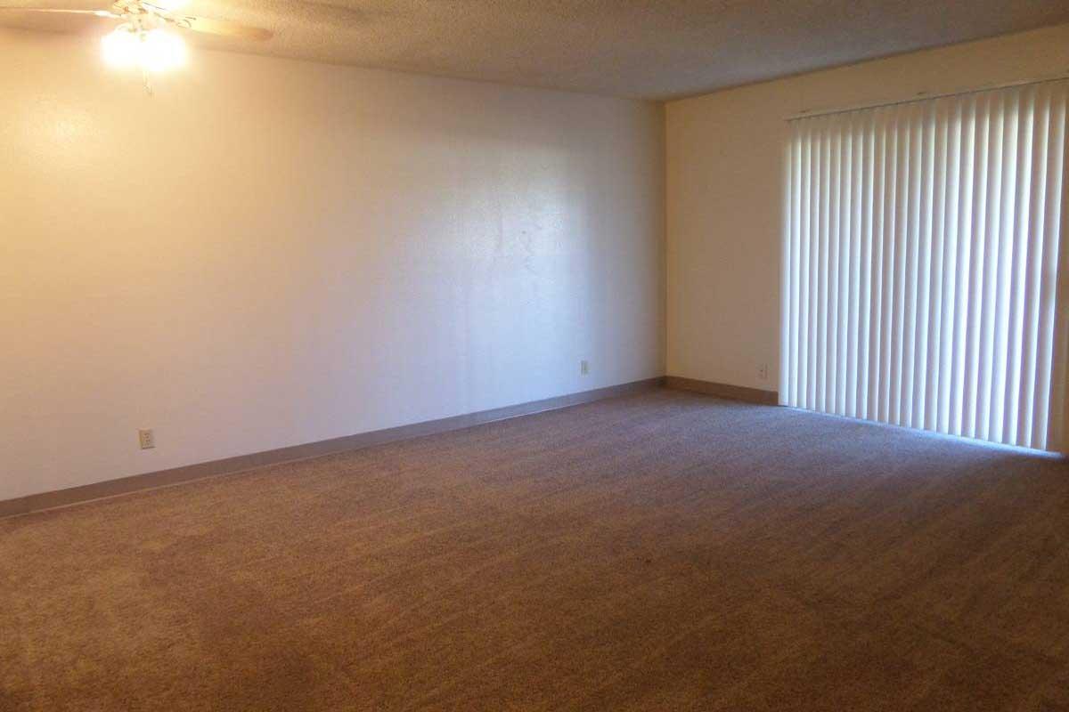 A spacious, empty living room with beige carpet and light-colored walls. There is a ceiling fan overhead, and large sliding glass doors covered by vertical blinds allow natural light to enter from the outside. The room has a clean, open feel, ideal for furnishing.