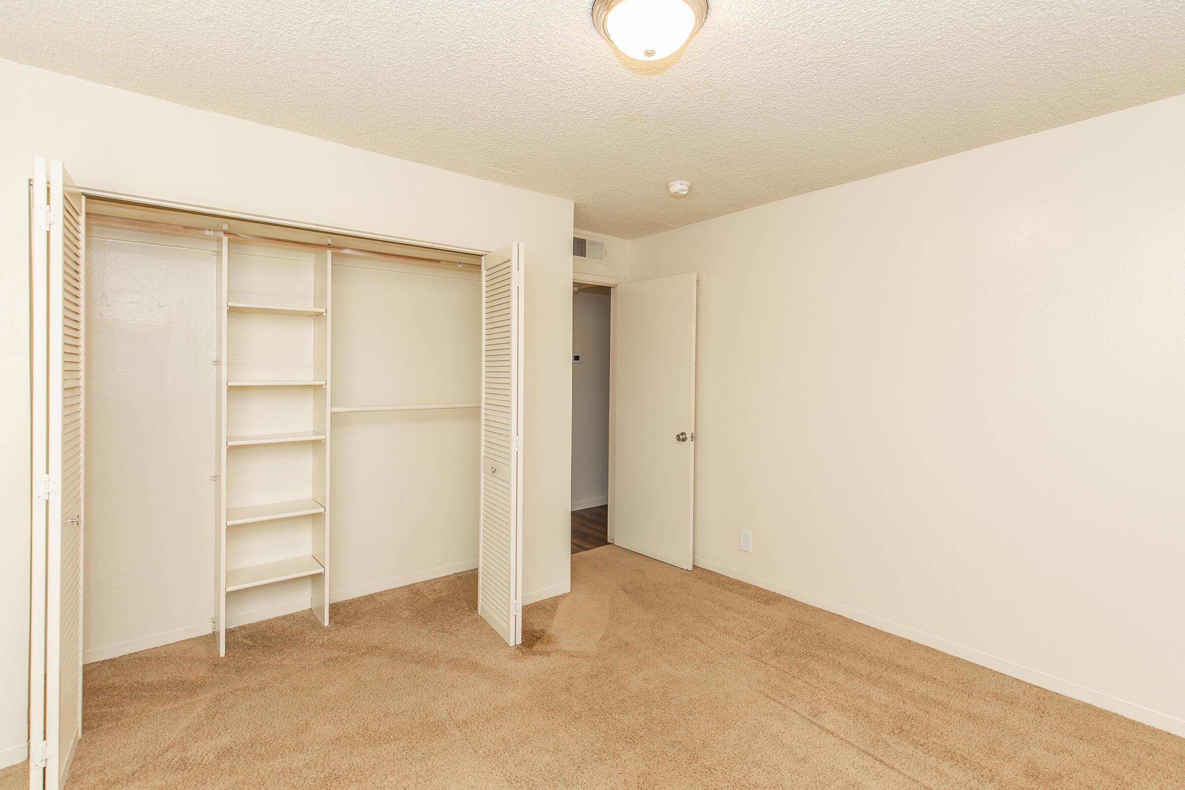 Empty room with beige carpet and light-colored walls. There is a closet with sliding doors on the left, featuring shelves inside. A standard ceiling light fixture provides illumination. A closed door is visible on the right, leading to another space. The overall ambiance is neutral and spacious.