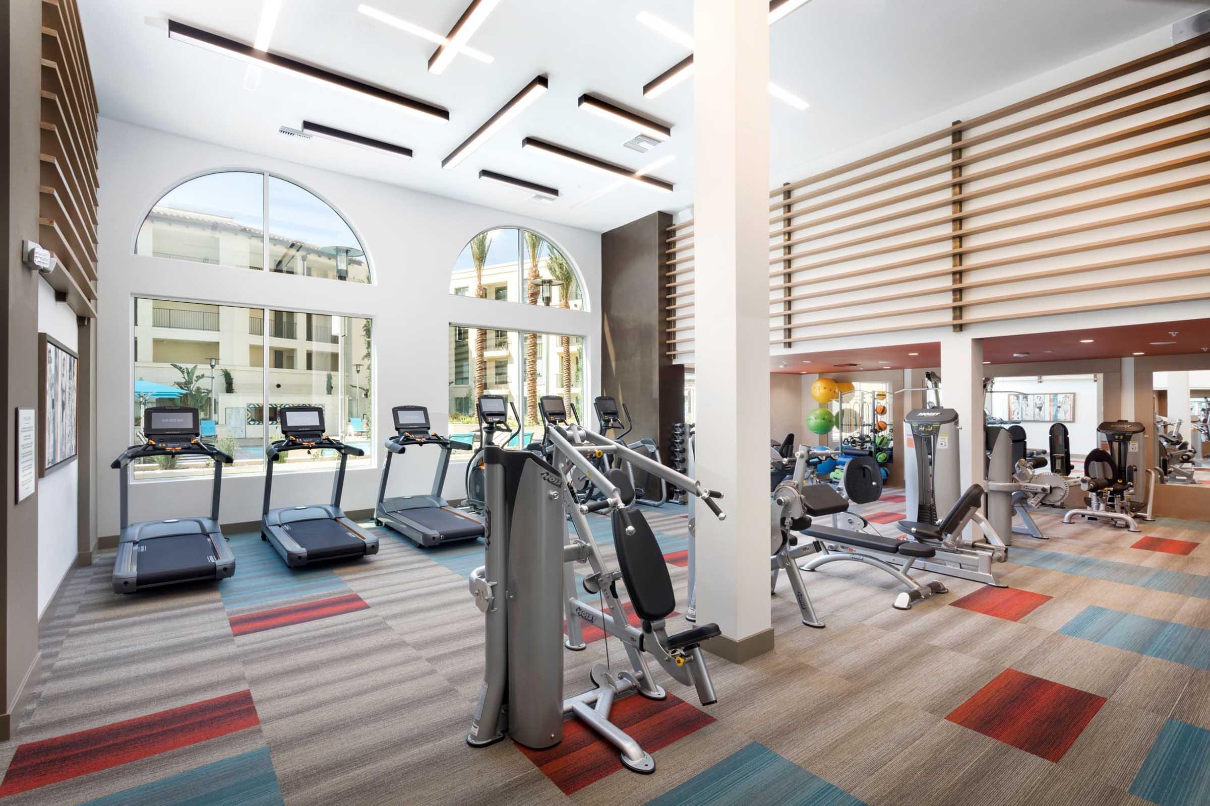 A modern gym interior featuring several treadmills, strength training machines, and large windows allowing natural light to fill the space. The floor displays a mix of carpet colors, and the room is well-equipped for various fitness activities.