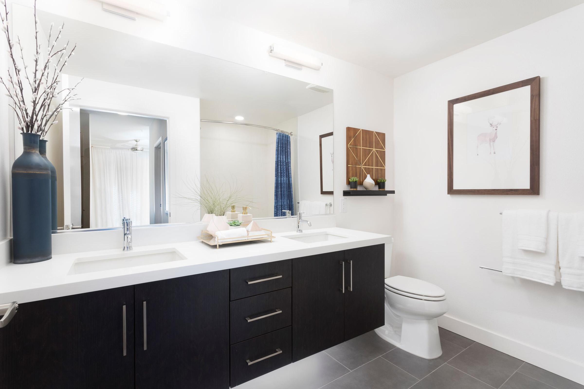 A modern bathroom featuring a double vanity with a white countertop, dark wooden cabinets, and a sleek toilet. The space is well-lit with overhead lights and a large mirror. Decorative items include a vase with branches, framed artwork of a deer, and a small plant, creating an inviting and stylish atmosphere.