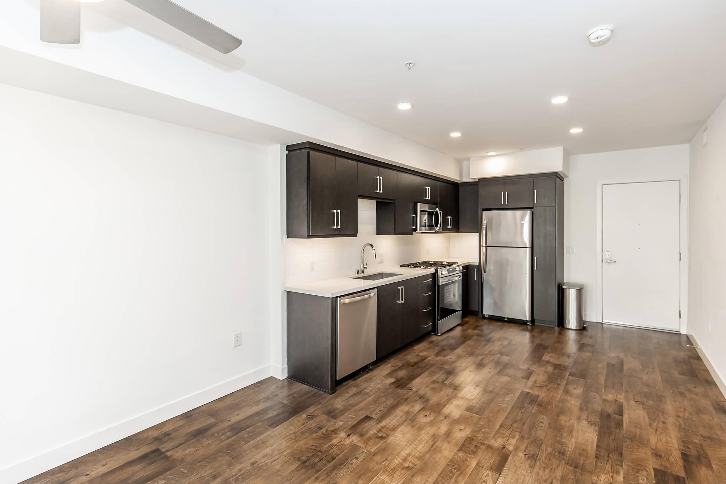 Modern kitchen with dark cabinetry, stainless steel appliances, and a light countertop. Features include a gas stove, microwave, dishwasher, and fridge. The floor is hardwood, and there is a ceiling fan above. A door leading to the exterior is visible on the right side. Bright, neutral-toned walls enhance the space.