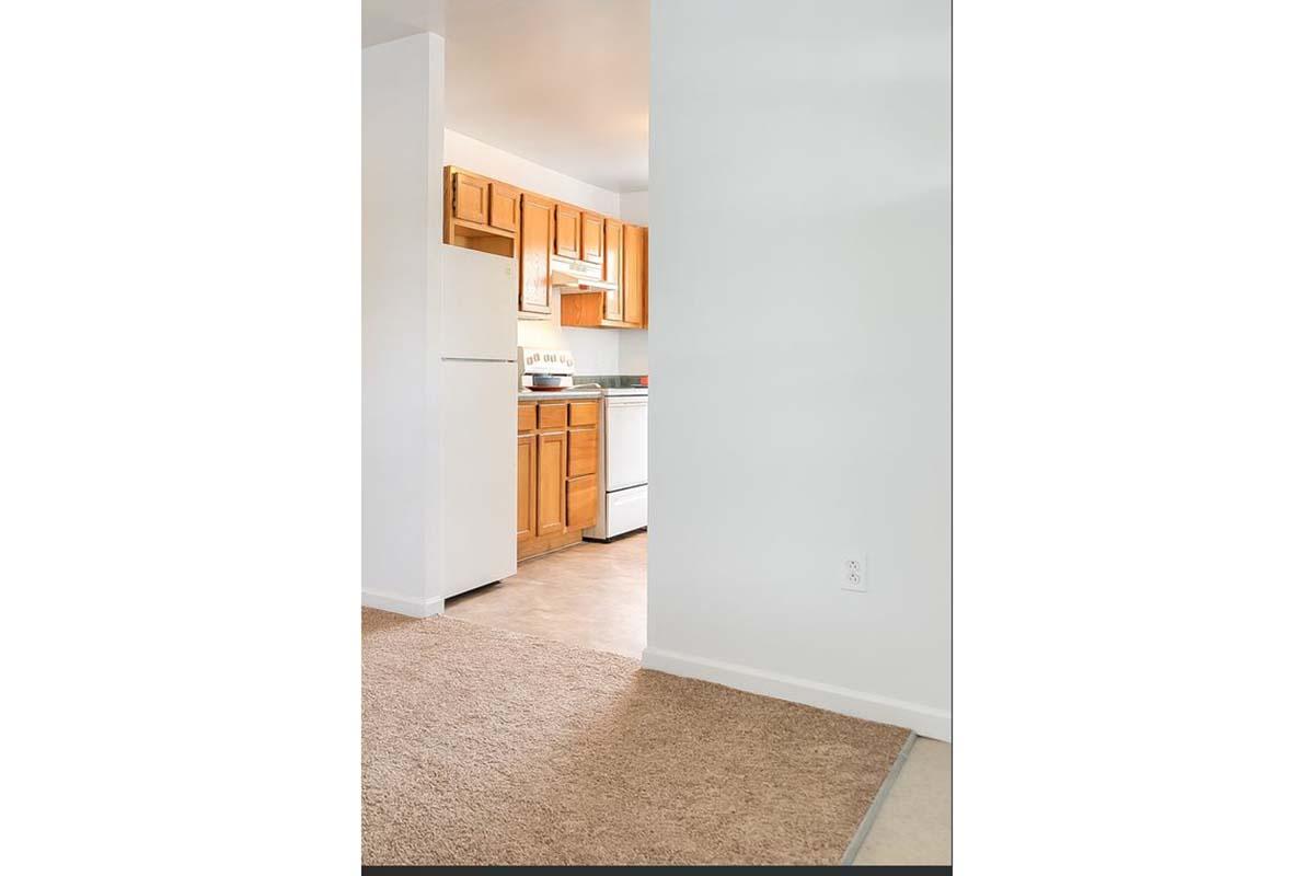 View of a well-lit kitchen with wooden cabinets, a white refrigerator, and a stove, partially visible from an adjacent room with beige carpet flooring. The walls are a soft light color, creating a clean and inviting atmosphere.