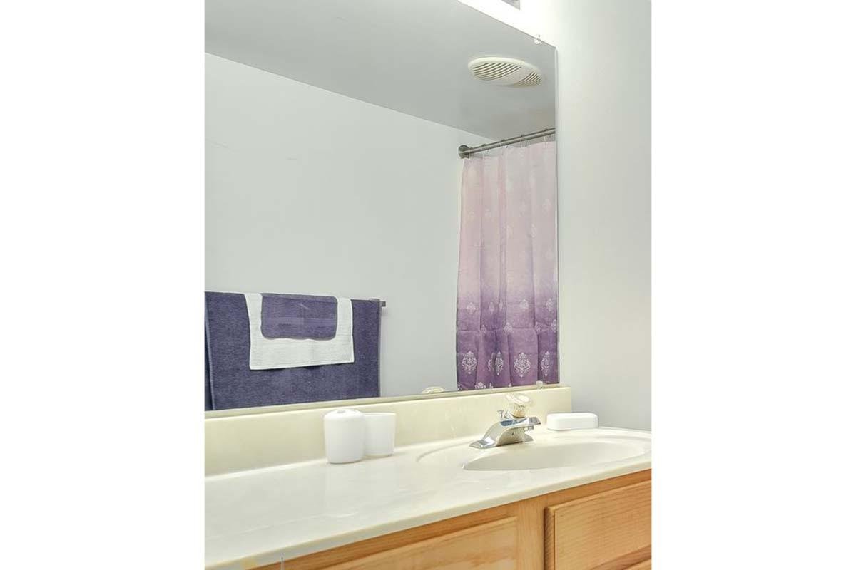 A bathroom sink area with a light-colored countertop and wooden cabinetry. There's a mirror above the sink, and a set of purple towels hanging nearby. A shower curtain in a matching purple gradient is visible, along with a few bathroom accessories, creating a clean and tidy atmosphere.