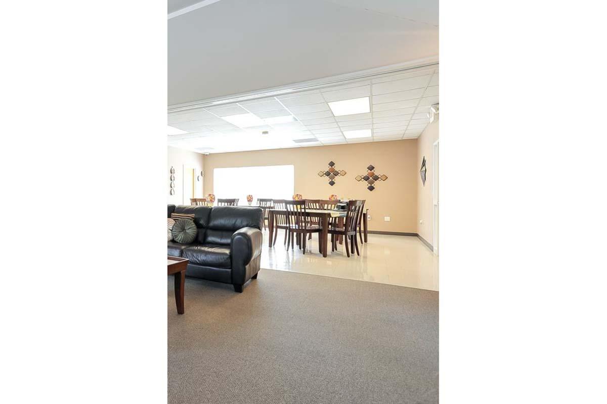 A modern interior space featuring a living area with a black leather sofa and a dining area with a large, dark wooden table surrounded by chairs. The walls are light-colored, and there are decorative items on the walls. The floor is carpeted in a neutral tone, creating a cozy atmosphere.