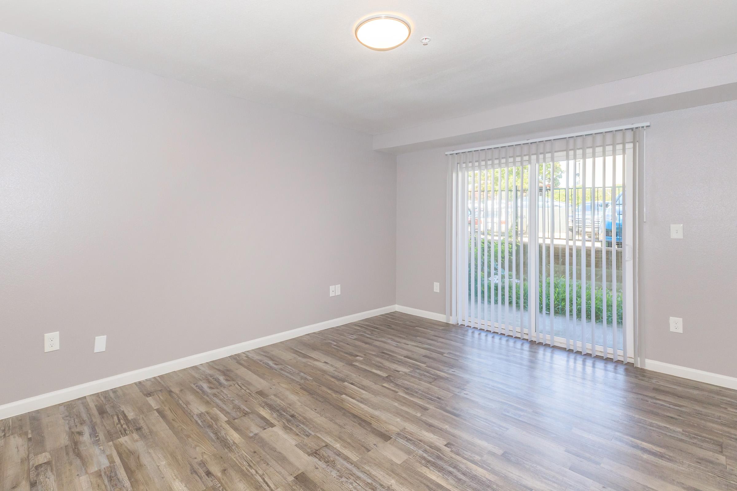 Empty room featuring light gray walls and laminate flooring. There are no furnishings, providing a spacious feel. A sliding glass door with vertical blinds allows natural light and leads to an outdoor area. The ceiling has a light fixture, emphasizing the modern and clean design of the space.