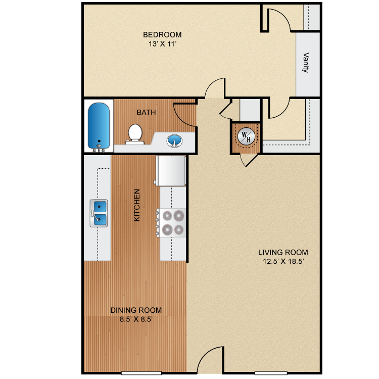 1 Bed 1 Bath A, a 1 bedroom 1 bathroom floor plan.