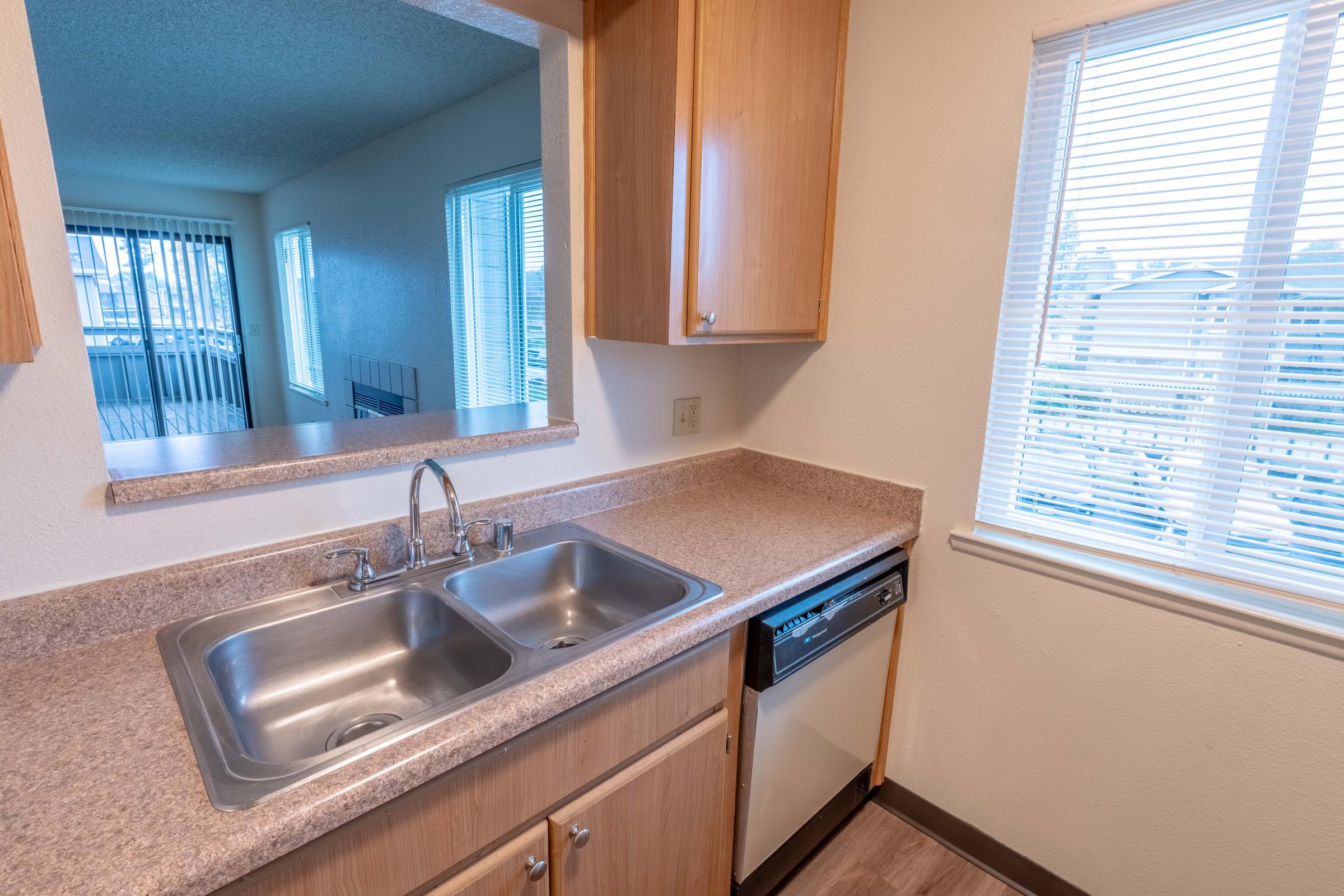 a kitchen with a sink and a window