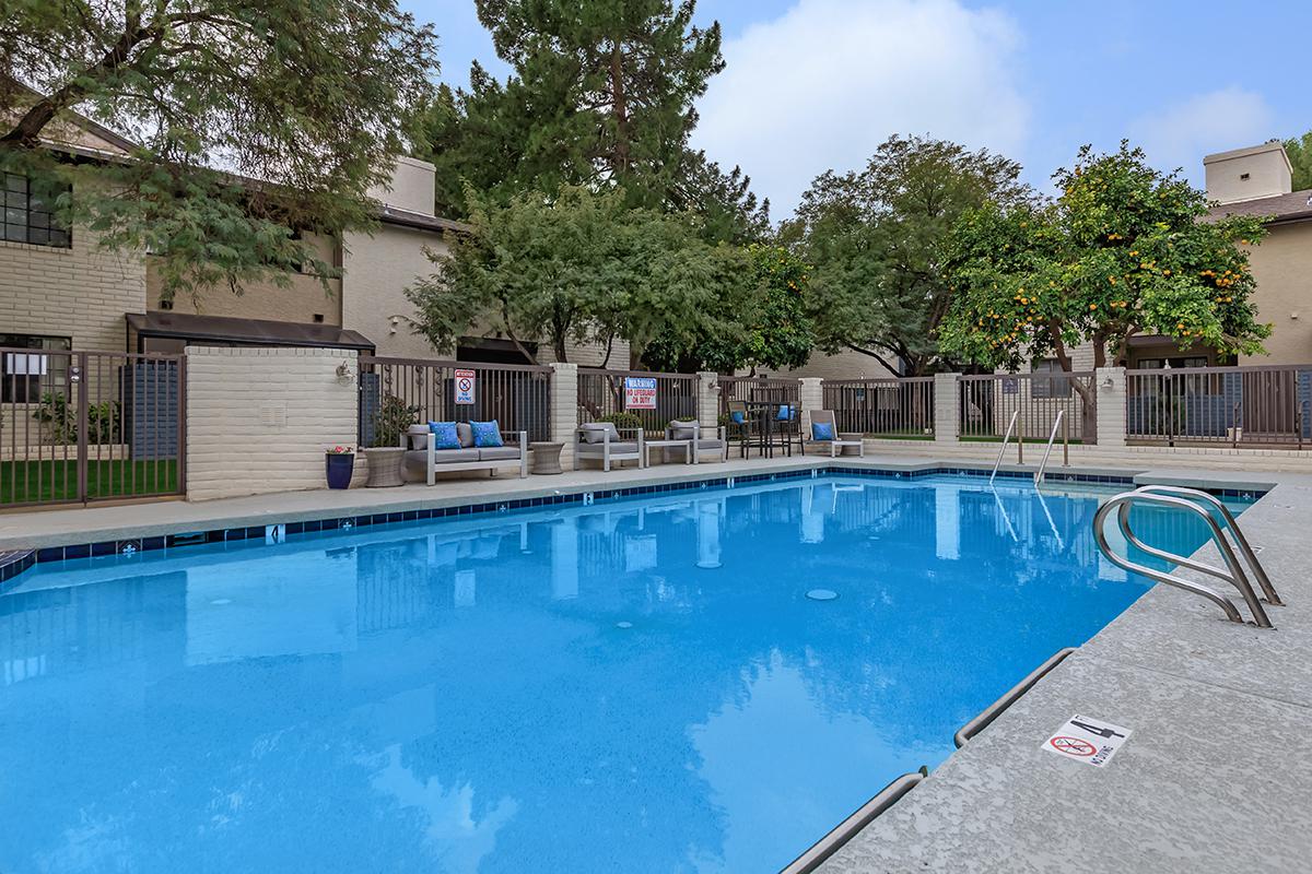 A swimming pool surrounded by landscaped greenery and seating areas. The pool features clear blue water, a surrounding deck, and is located near apartment buildings. There are lounge chairs and a tree with oranges nearby.