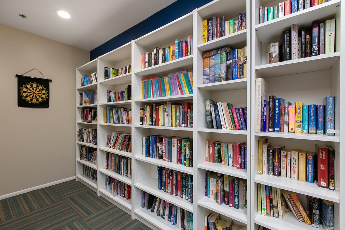 A brightly lit room featuring a white bookshelf filled with various books, arranged by color and size. A small dartboard hangs on the wall, adding a decorative touch to the space. The floor has a patterned carpet in shades of green and blue.