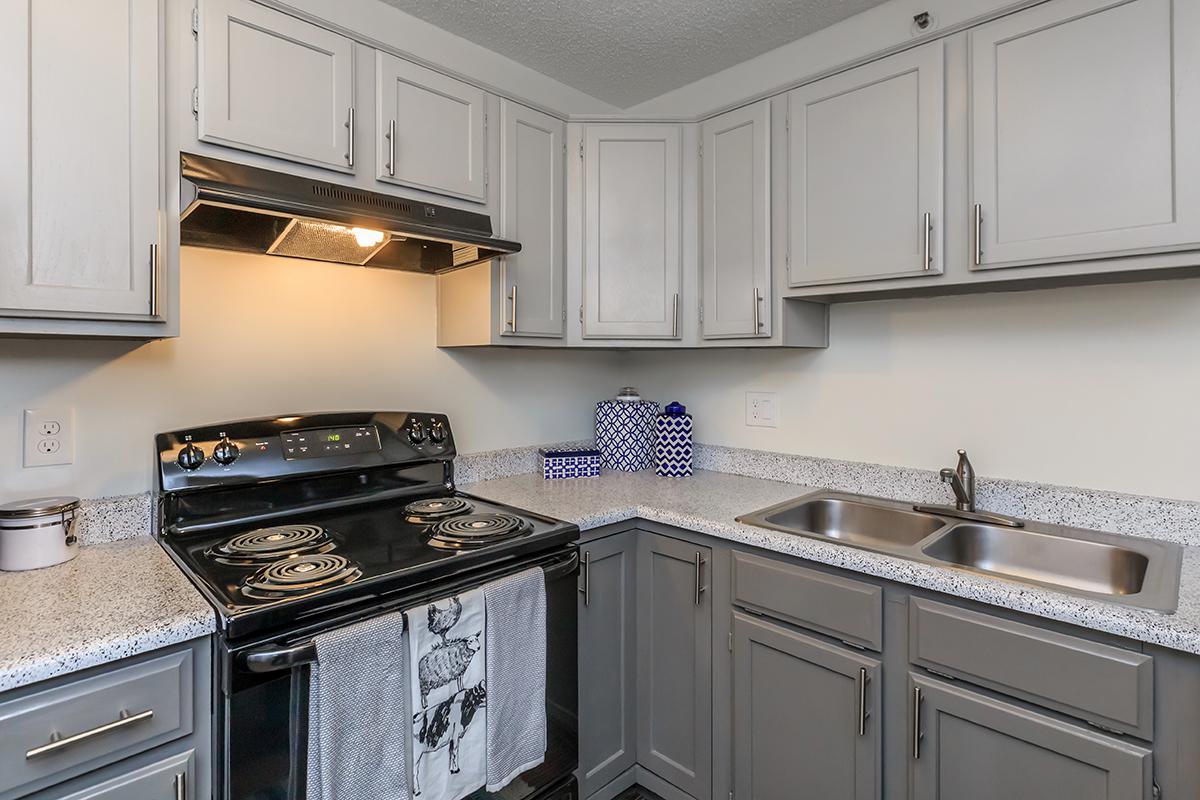 A modern kitchen featuring gray cabinets, a black stove with an oven, and a stainless steel sink with double basins. The countertop is speckled with gray and white, and there are decorative elements like a patterned container and a kitchen towel. The lighting is warm, highlighting the clean design.