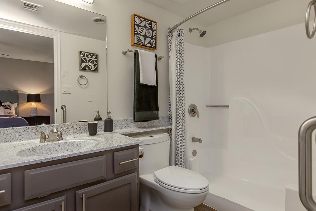 A tidy bathroom featuring a white bathtub and shower combination, a modern sink with dark cabinetry, and decorative items on the counter. A towel hangs from a rack, and a large mirror reflects the space. The decor includes geometric art, and soft lighting is provided by a lamp visible in the background.