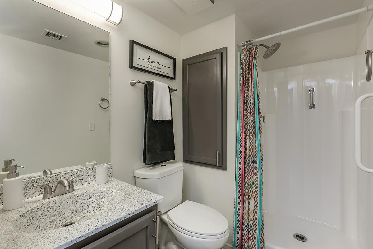 A modern bathroom featuring a countertop with a sink and faucet, a white toilet, a shower with a clear door, and a colorful patterned shower curtain. The walls are light-colored, and there is a framed picture above the sink. Hand towels hang on a rack nearby, and storage is provided by a gray cabinet.