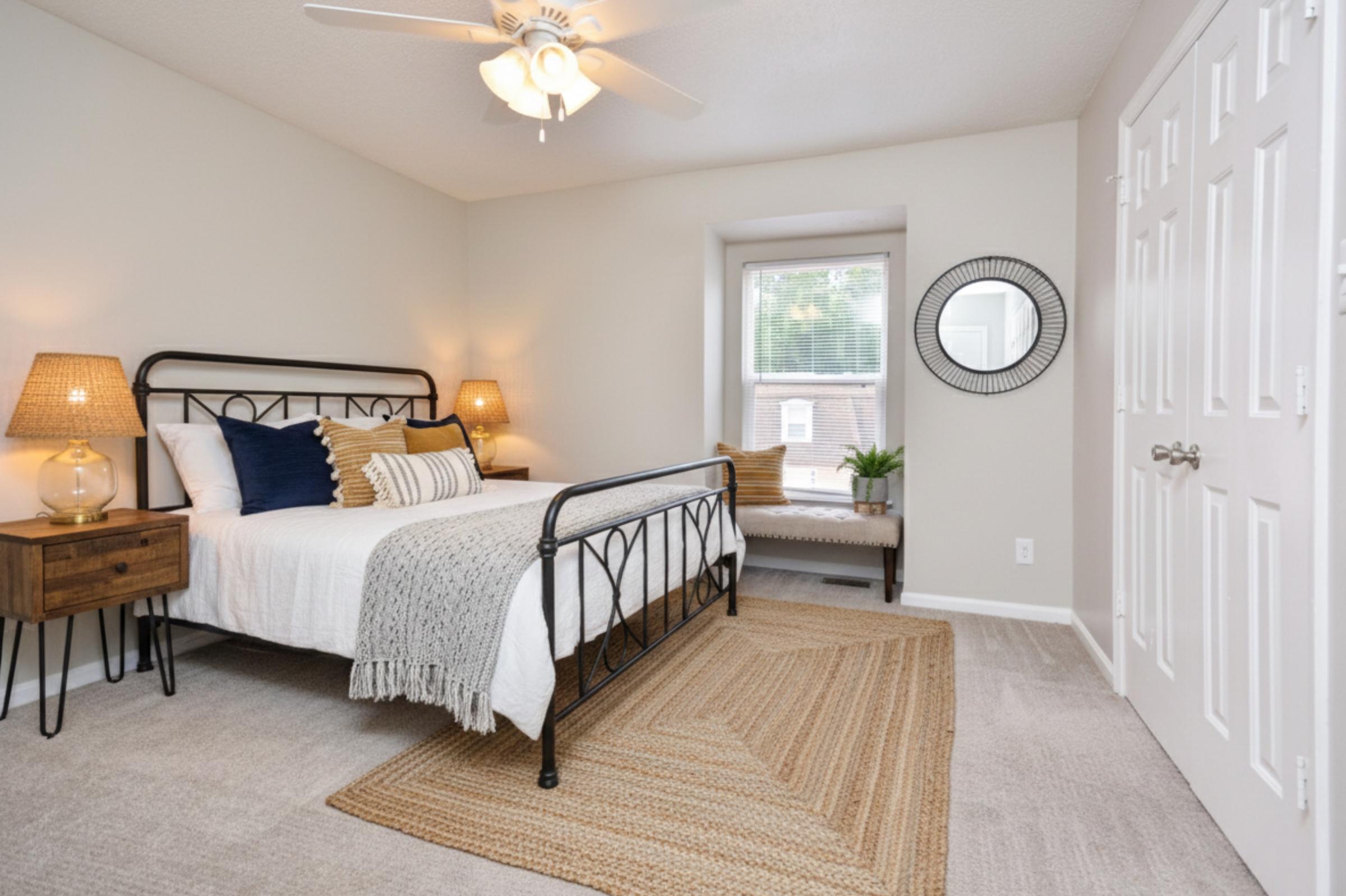 Cozy bedroom featuring a black metal bed frame with white bedding and decorative pillows. There's a wooden nightstand with a lamp on one side, a round mirror on the wall, and a small bench by the window. A woven area rug adds warmth to the space, which is well-lit and has neutral-colored walls.