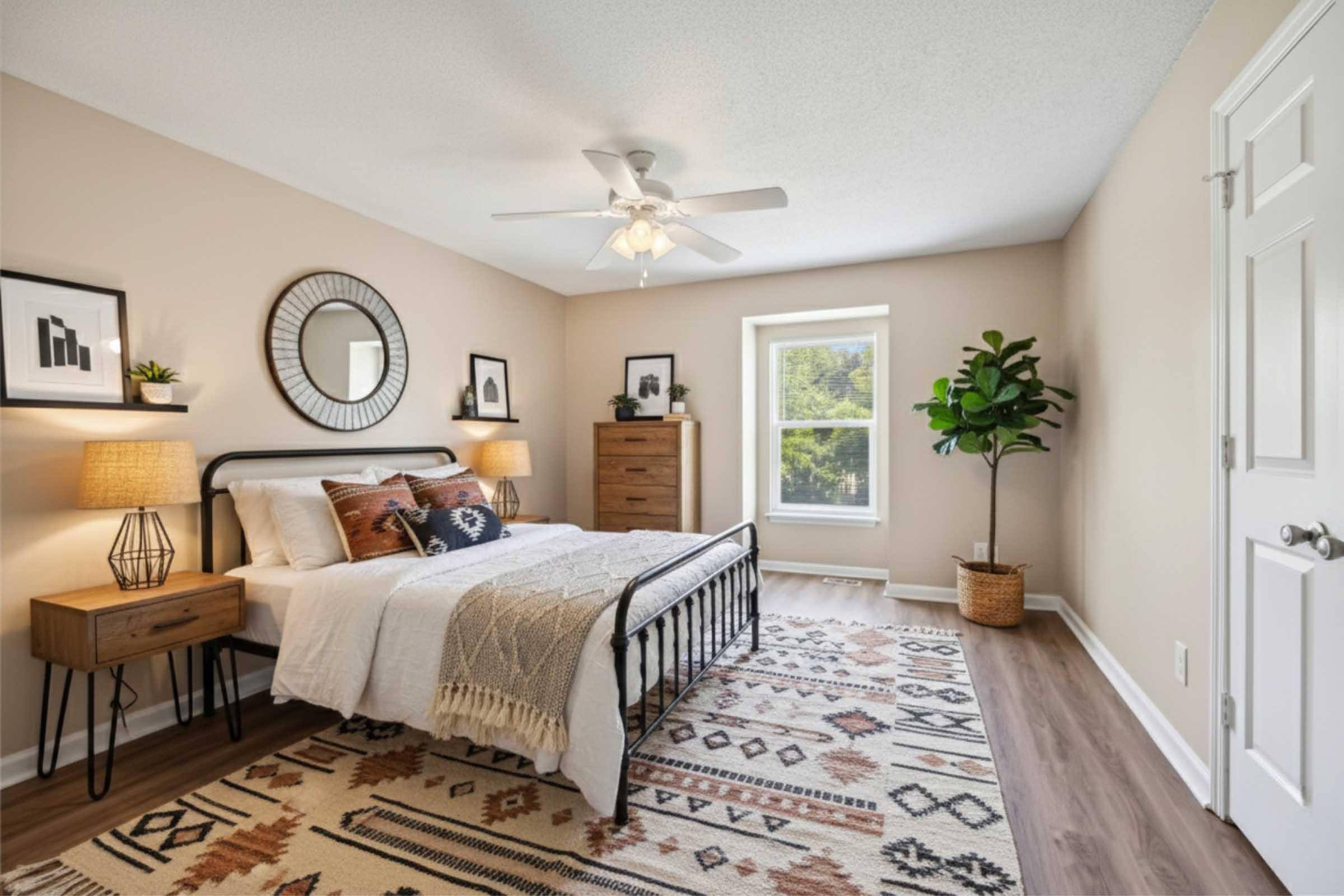 A cozy, well-decorated bedroom featuring a metal bed frame with white bedding, two bedside lamps, and a round mirror above the headboard. A wooden dresser stands against the wall, and a small decorative plant is positioned in the corner. Natural light streams through a large window, illuminating the neutral-toned walls and patterned rug.