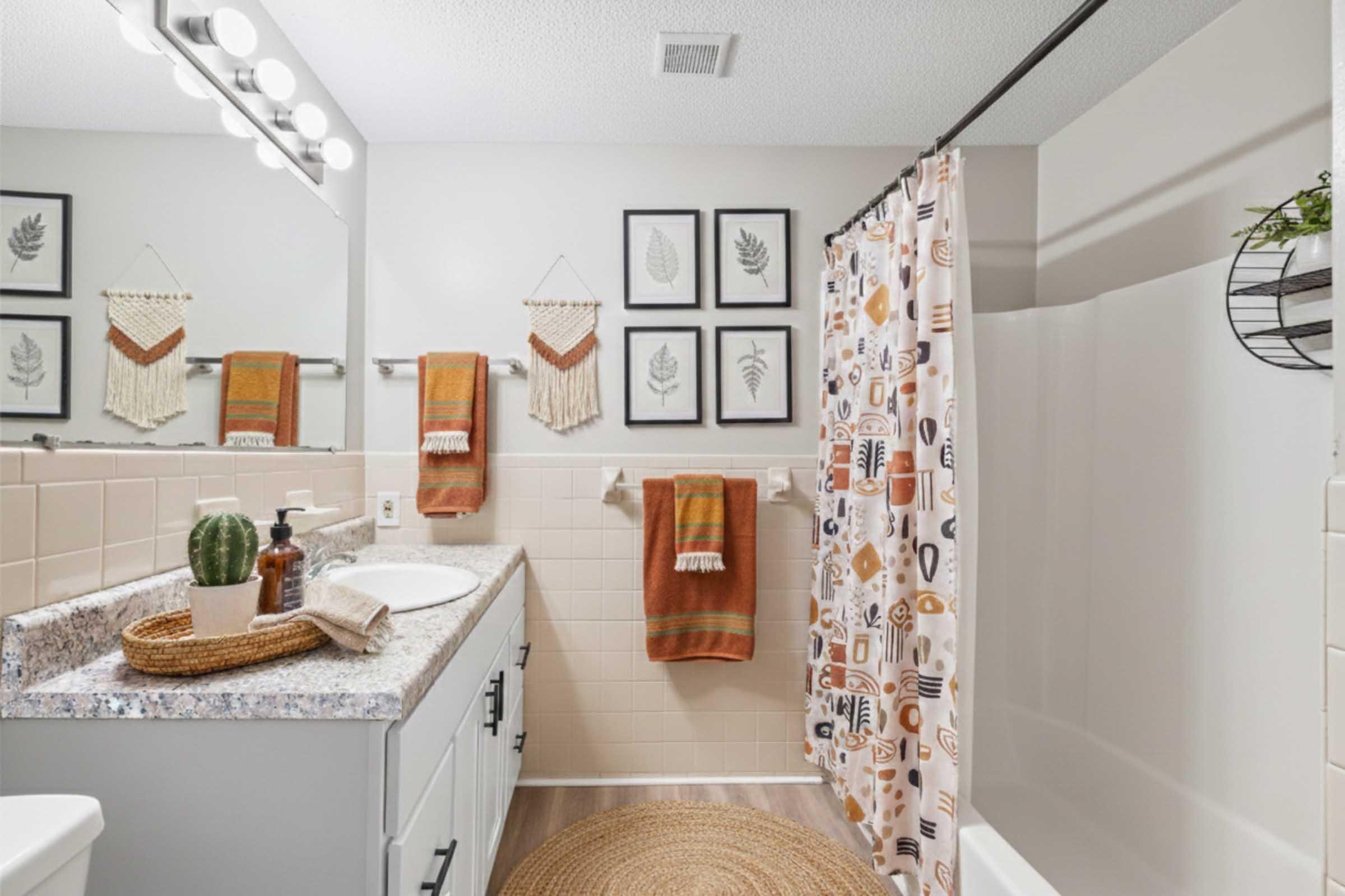 A modern bathroom featuring a double sink with a granite countertop, a bathtub with a shower curtain displaying colorful patterns, and decorative wall art. The space includes towels hanging on a rack, a small cactus on the countertop, and a circular rug on the floor, creating a warm and inviting atmosphere.