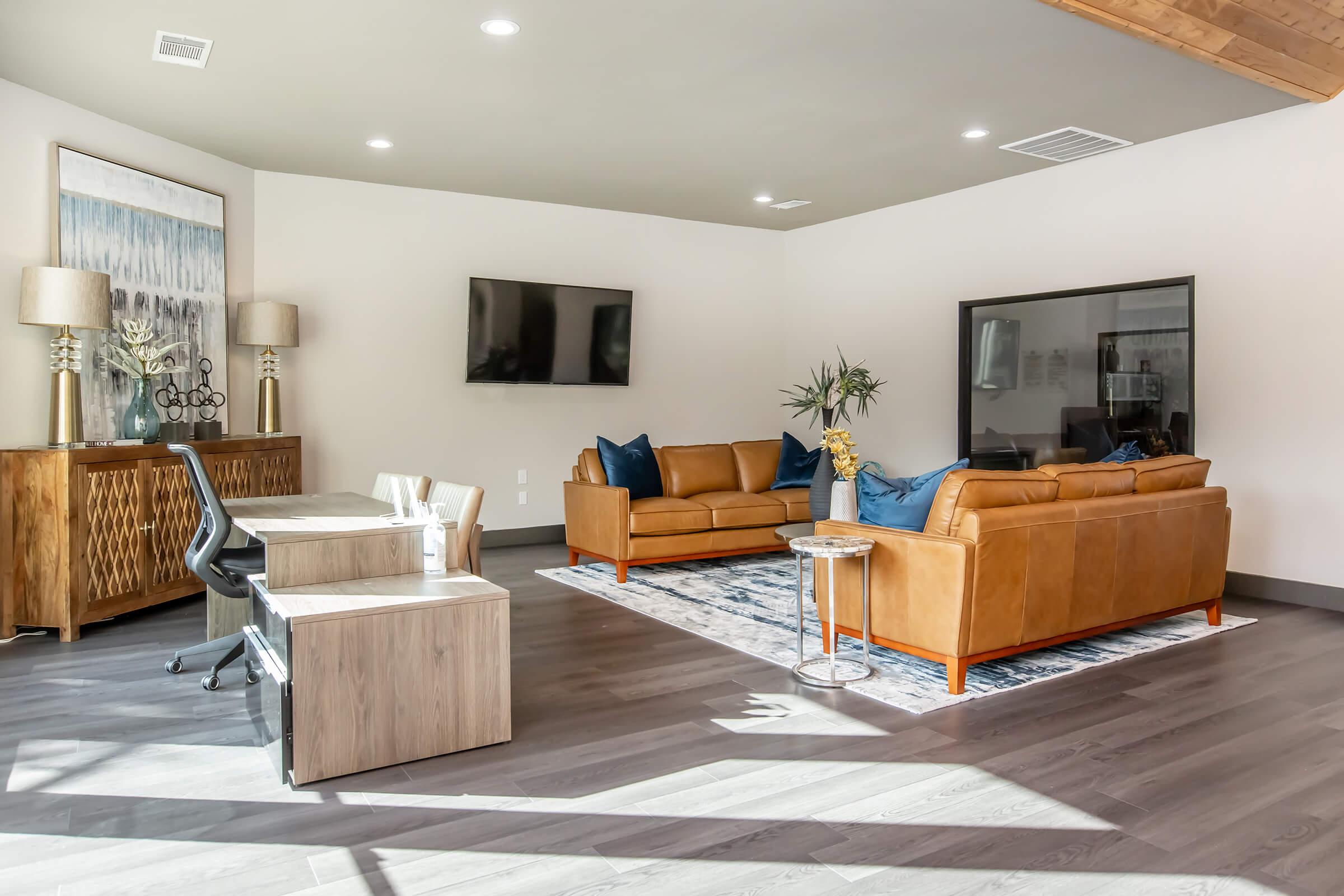 A modern living room featuring two brown leather sofas with blue cushions, a wooden coffee table, and a sleek desk chair. A large flat-screen TV is mounted on the wall, and there are decorative lamps and plants in the space. Natural light floods in, highlighting the contemporary design.