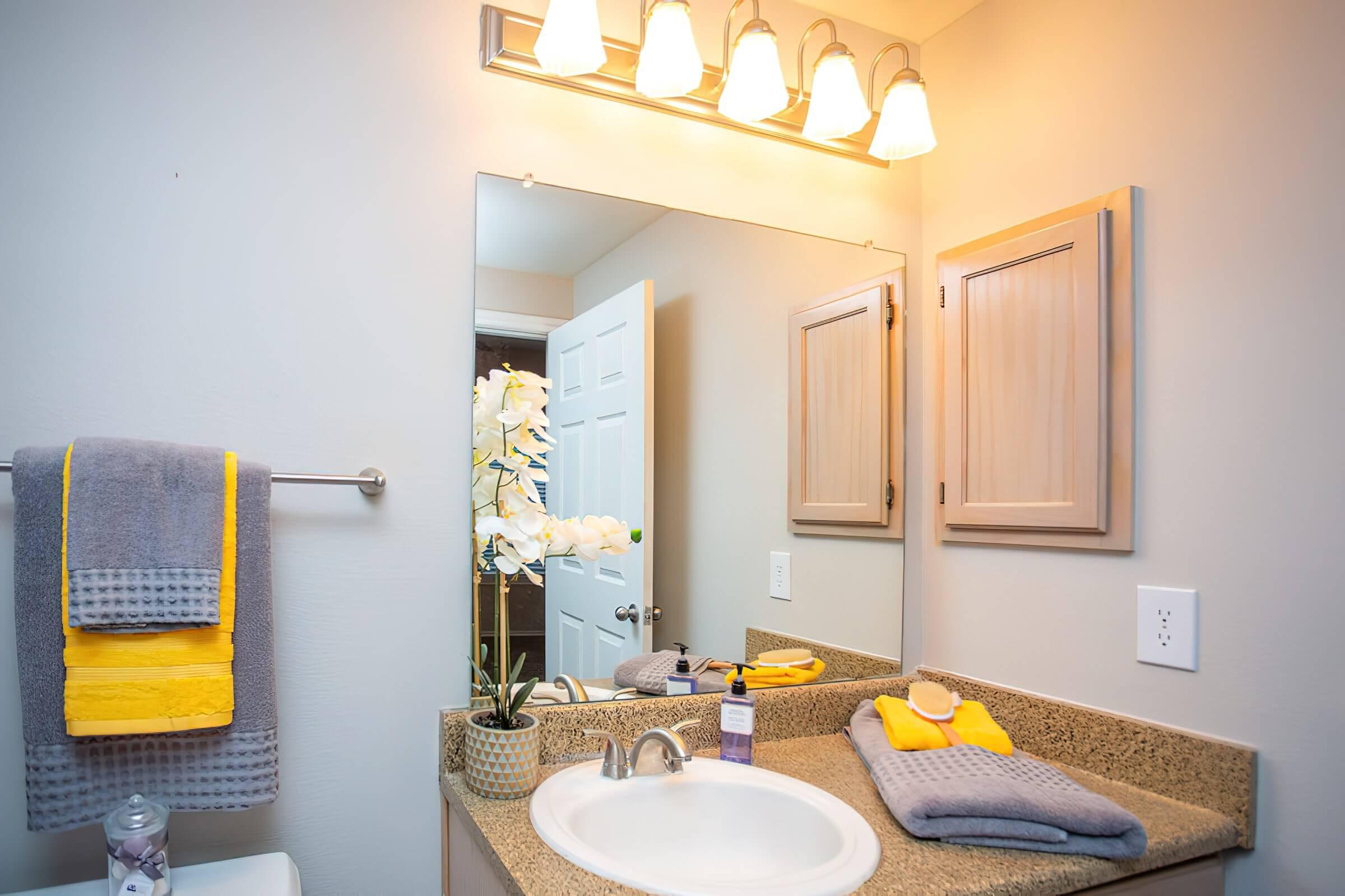 a room with a sink and a mirror