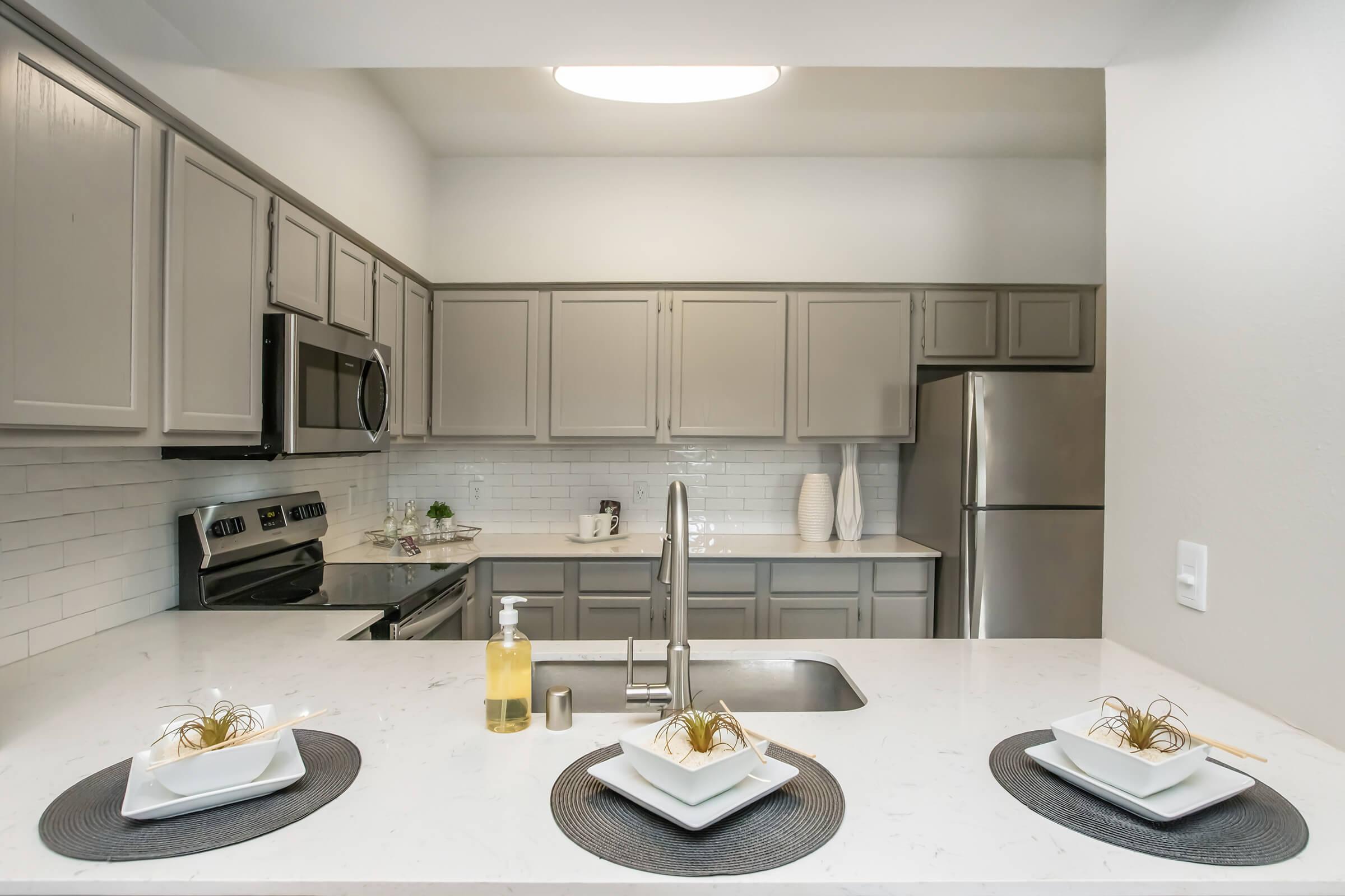 Modern kitchen featuring gray cabinetry, stainless steel appliances, and a white marble countertop. The island has decorative plates with small plants and is surrounded by circular placemats. A sleek faucet is visible, alongside a bottle of hand soap, creating an inviting and clean atmosphere.