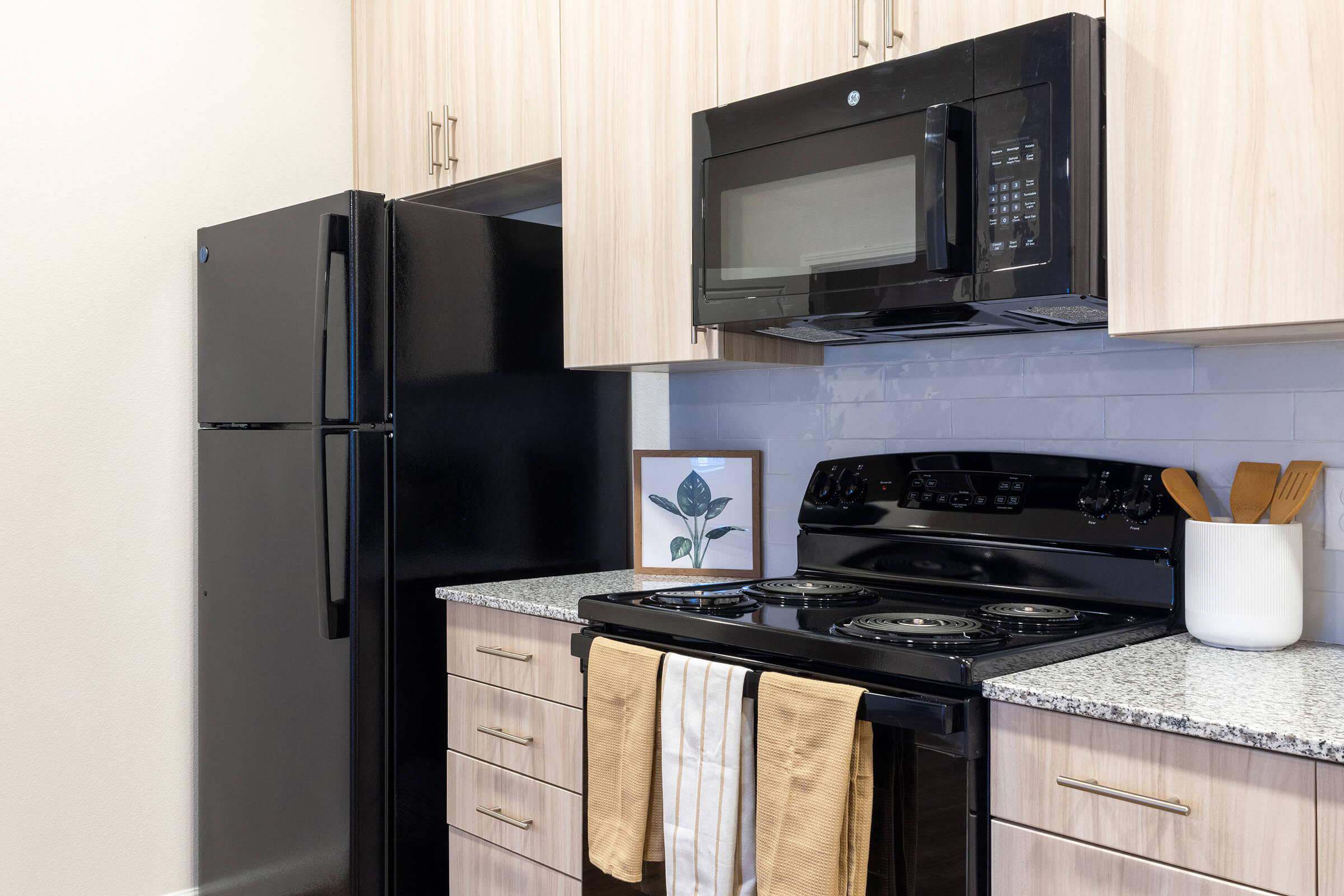 A modern kitchen featuring a black refrigerator and microwave along with a black stove. The countertops are granite, and there are light wood cabinets. A framed botanical print and cooking utensils are displayed on the countertop, creating a clean and stylish look.