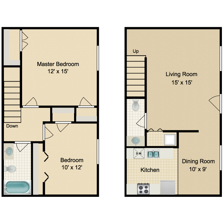 Floor plan image of Parkside 2 Bedroom Townhome