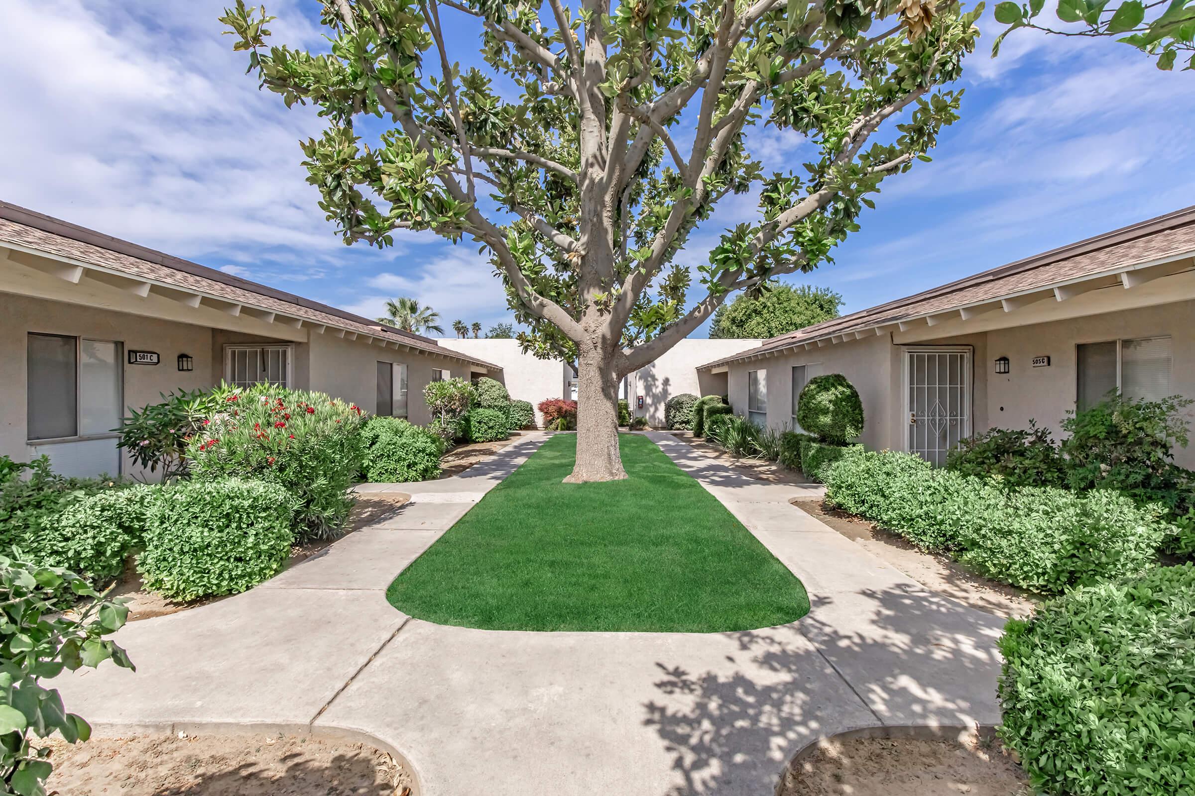 A landscaped courtyard featuring a large tree at the center, surrounded by green grass and neatly trimmed hedges. There are two buildings with several entrances visible on either side of the path. The sky is bright with a few clouds, creating a pleasant and inviting atmosphere.