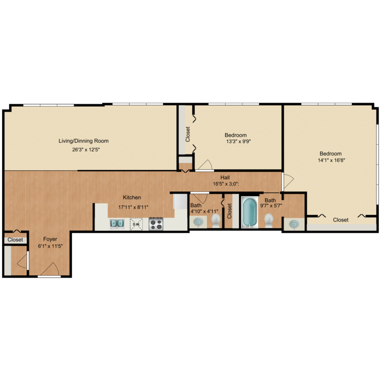 Floor plan image of 2 Bed 1.5 Bath