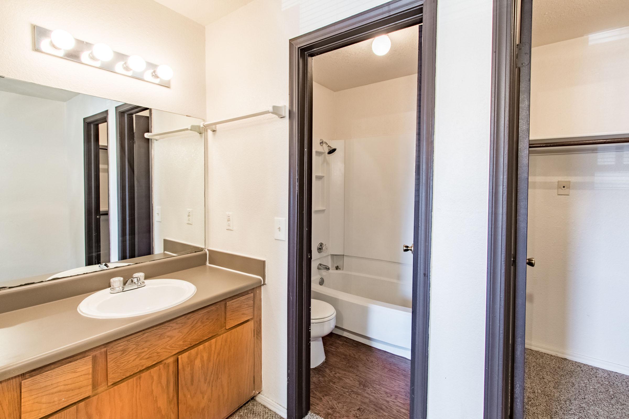 a shower that has a sink and a mirror