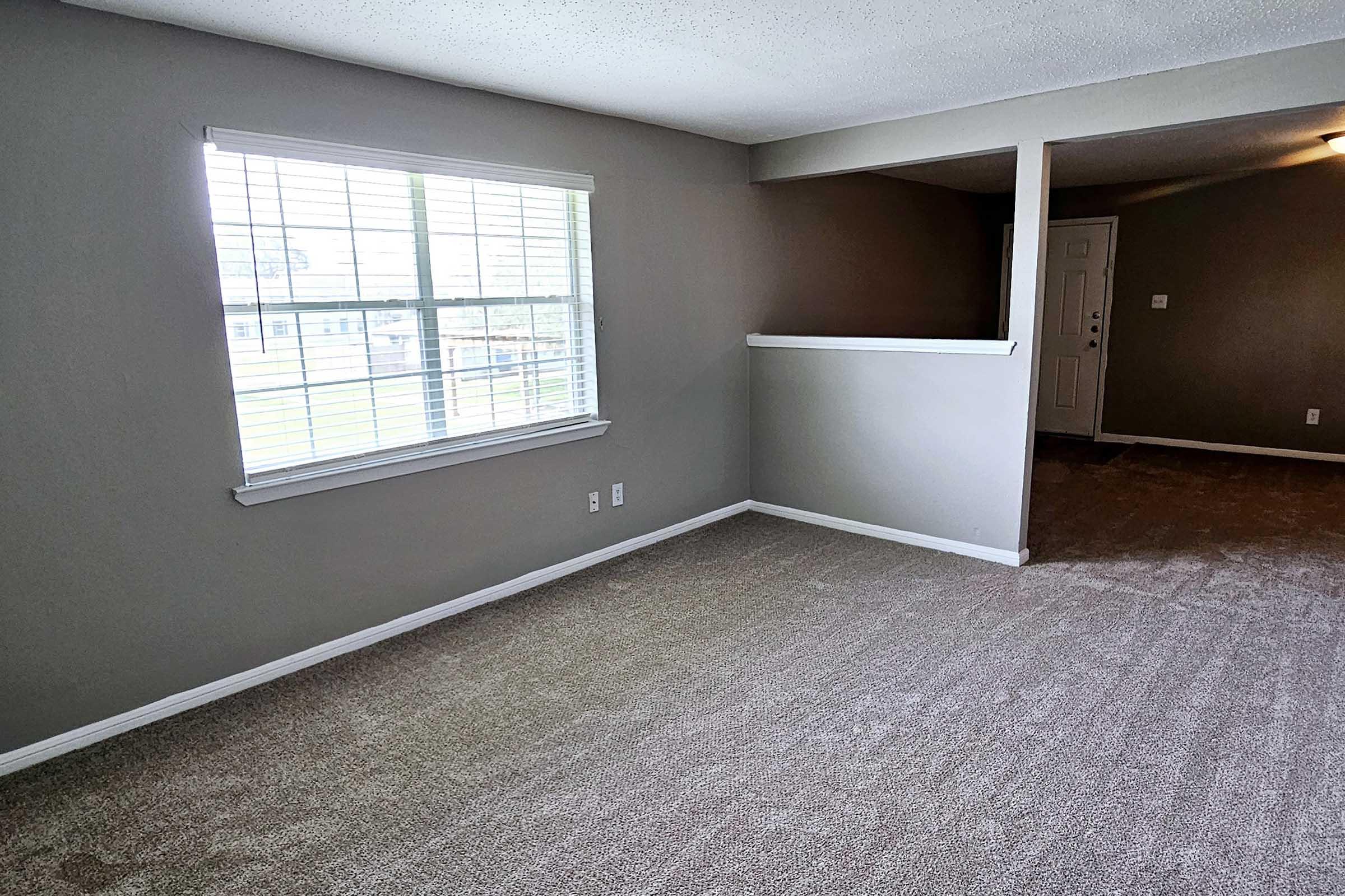 A spacious, empty living room featuring light gray walls and freshly cleaned carpet. A window with white blinds allows natural light to enter, and there is a partition separating the space from a hallway leading to a door. The overall atmosphere is bright and inviting.