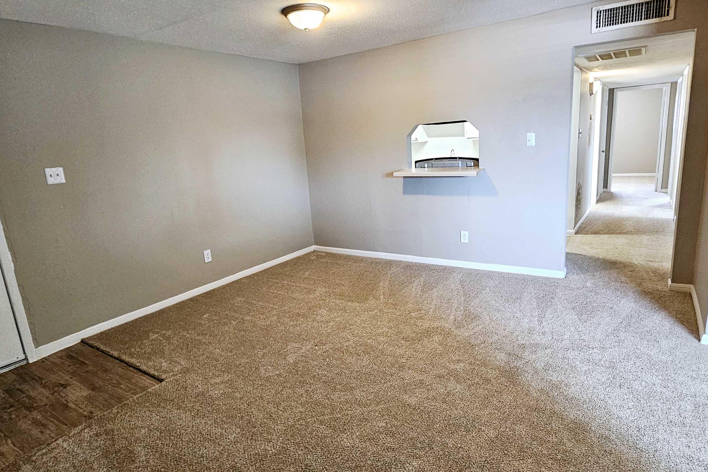 A spacious, empty living room with beige carpet and light gray walls. There is a small cutout shelf area visible on the right side, leading to an adjacent room. A hallway can be seen in the background, and a ceiling light fixture provides illumination. The space appears clean and ready for furniture.