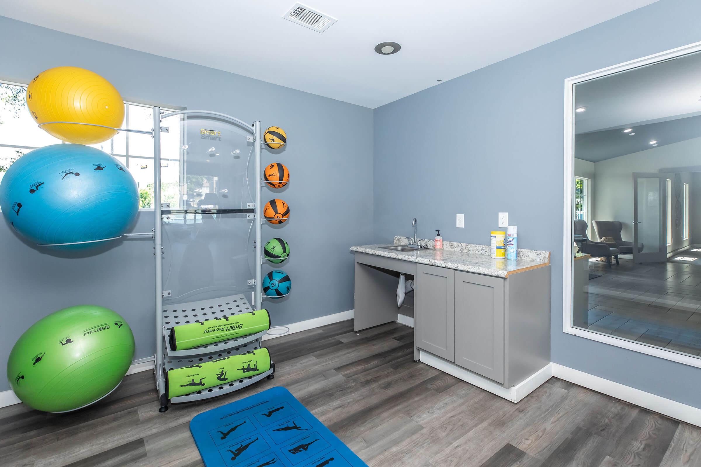 A modern fitness room featuring colorful exercise balls stacked on the wall, a stability ball rack, and a small countertop area with cleaning supplies. The space has a large mirror and a rubber workout mat on the floor, with natural light coming through a window.