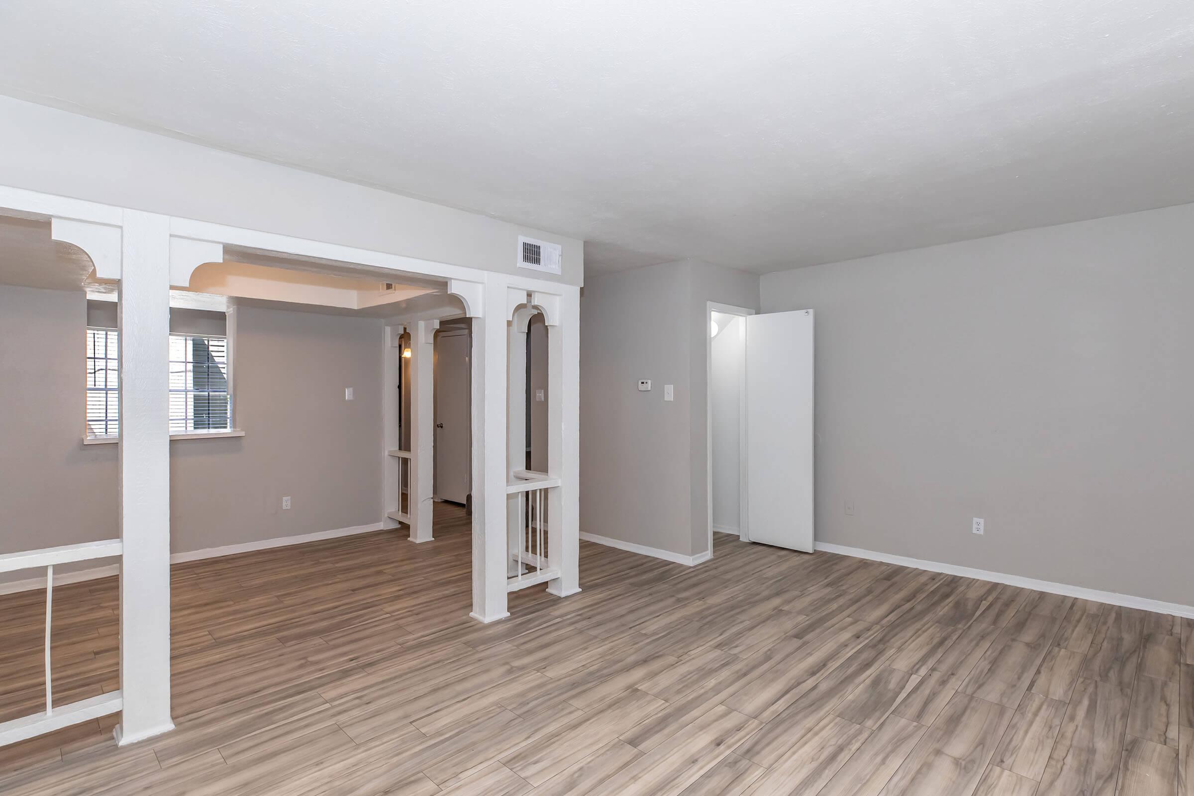 Spacious interior of a modern apartment featuring light gray walls, a seamless open layout, and laminate flooring. Natural light filters through a window, and a doorway leads to a white closet. Architectural details include decorative arches separating the living area from adjacent spaces.