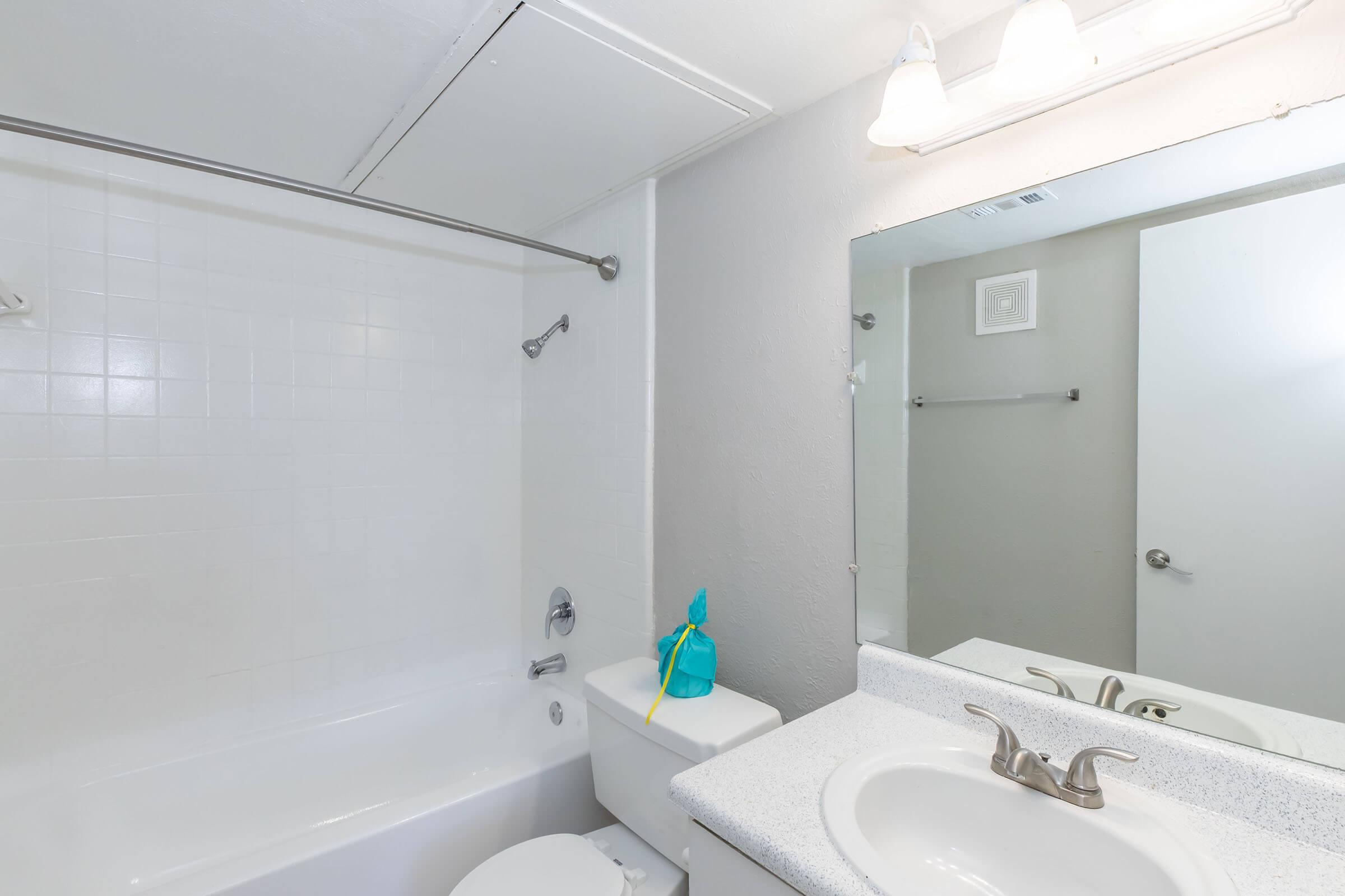 A small, clean bathroom featuring a white bathtub with a shower, a toilet, and a sink with a countertop. The walls are light gray, and there's a large mirror above the sink. A shower curtain rod is visible, and a teal-colored item is placed on the countertop. Two light fixtures illuminate the space.