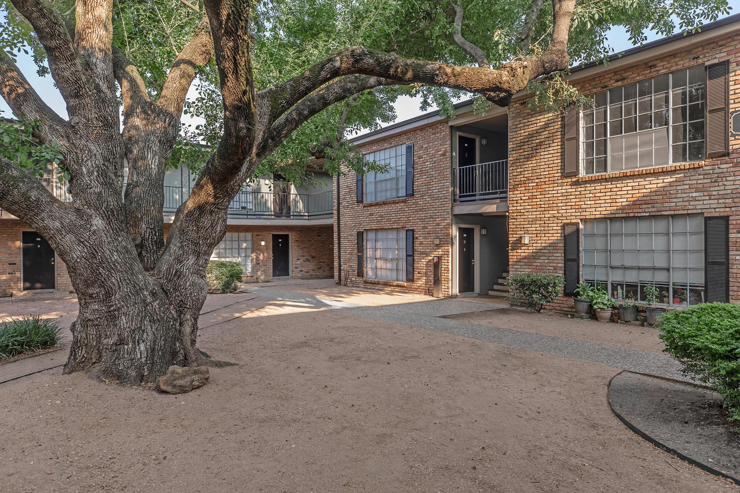 A quiet courtyard surrounded by two-story brick apartment buildings, featuring a large tree, shrubs, and a pebbled pathway. The buildings have balconies and black doors, while sunlight casts shadows, creating a serene outdoor space.