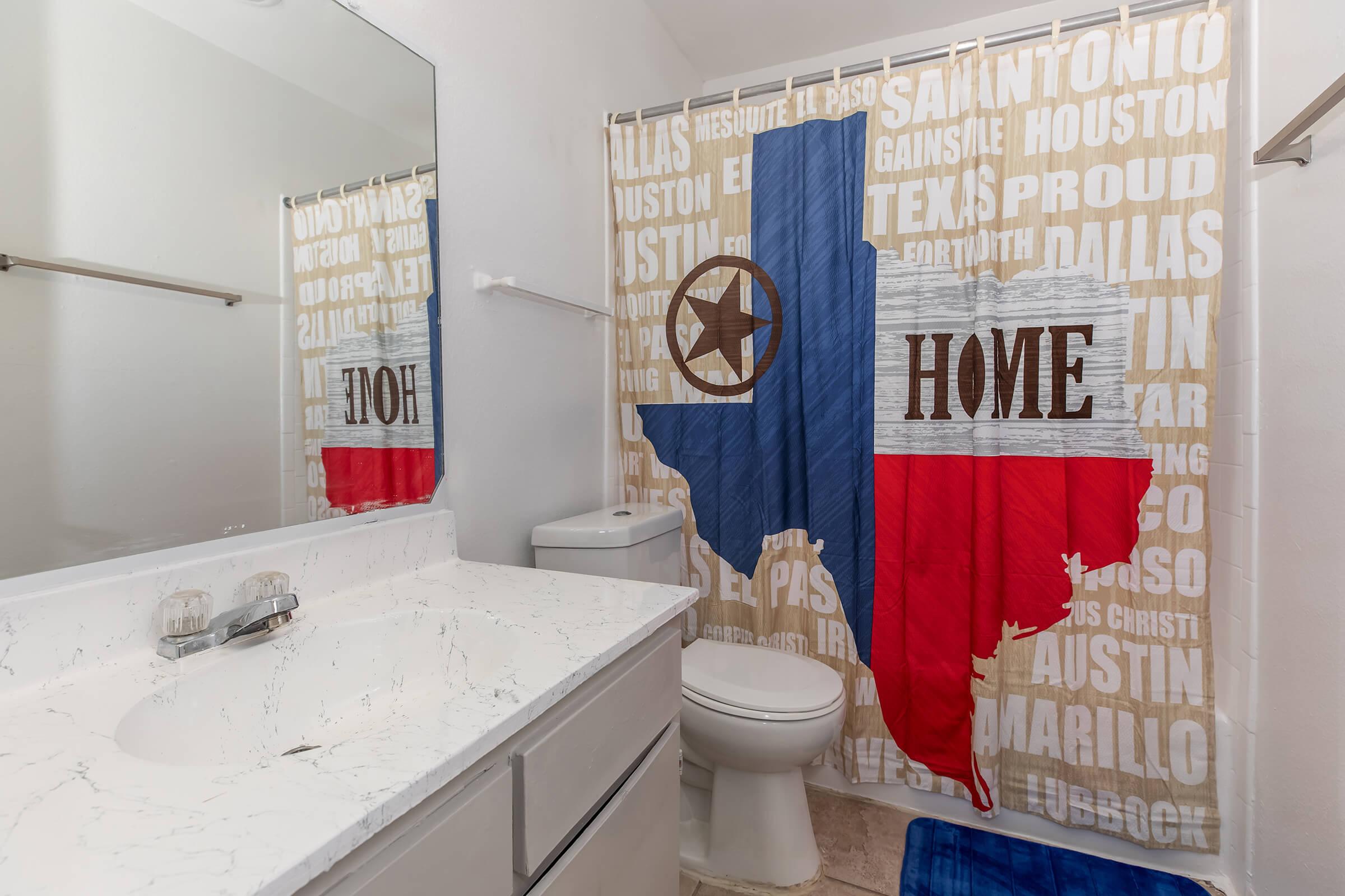 A bathroom with a large mirror above a marble countertop, featuring a Texas-themed shower curtain displaying the state outline in red, white, and blue, with the words "HOME" and a star. A white toilet is visible, along with gray tile flooring and a blue bath mat.