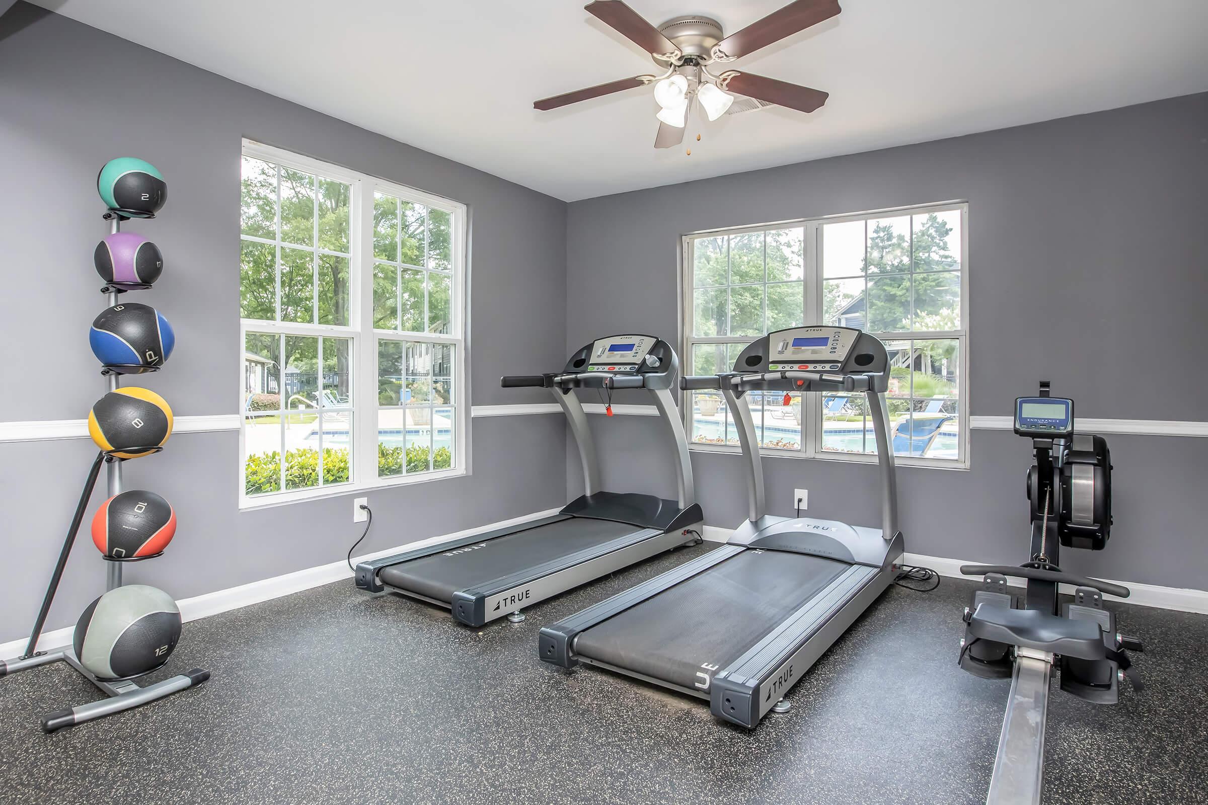 A well-lit gym with two treadmills and a rowing machine. One wall features a set of colorful exercise balls arranged vertically. Large windows provide natural light, showcasing a view of the outdoors. The floor has a dark rubber surface, making it suitable for workouts.