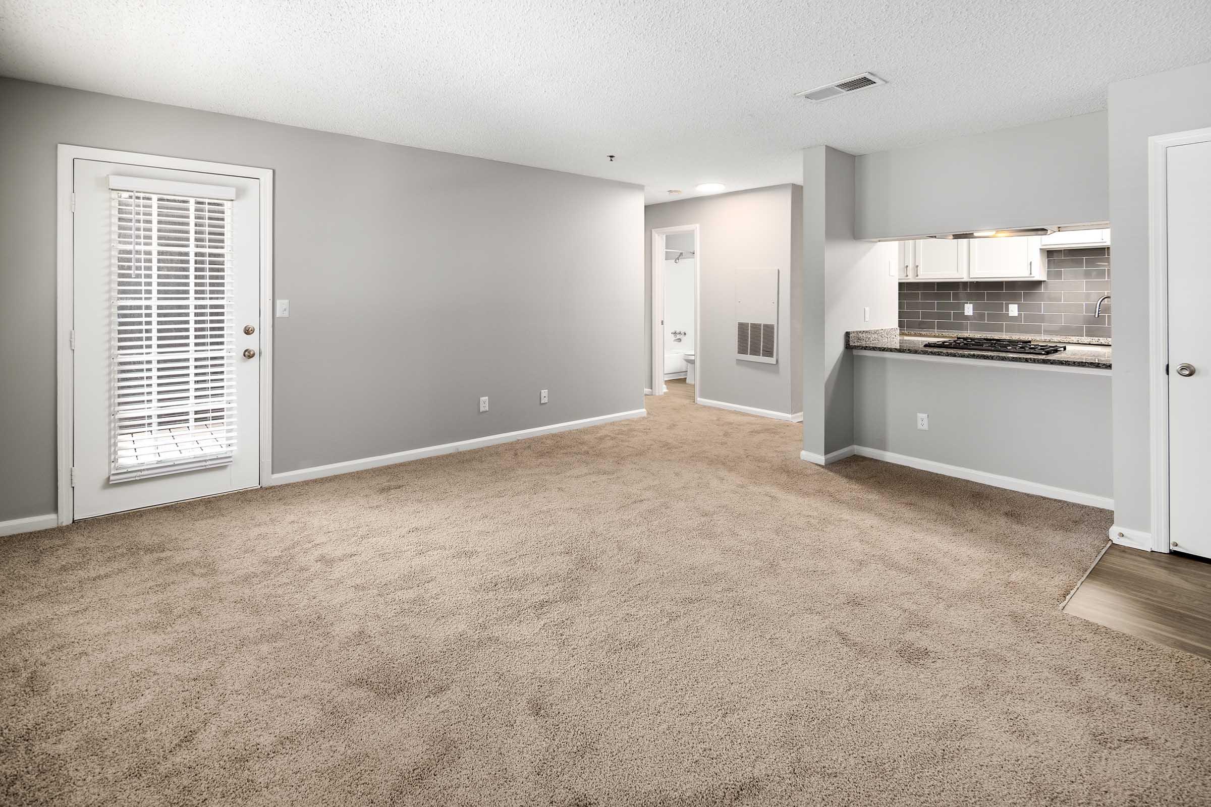 A spacious, unfurnished living area with beige carpet, gray walls, and a sliding glass door leading to a patio. The view includes an open kitchen area with modern appliances and a countertop, providing a bright and airy feel to the space.