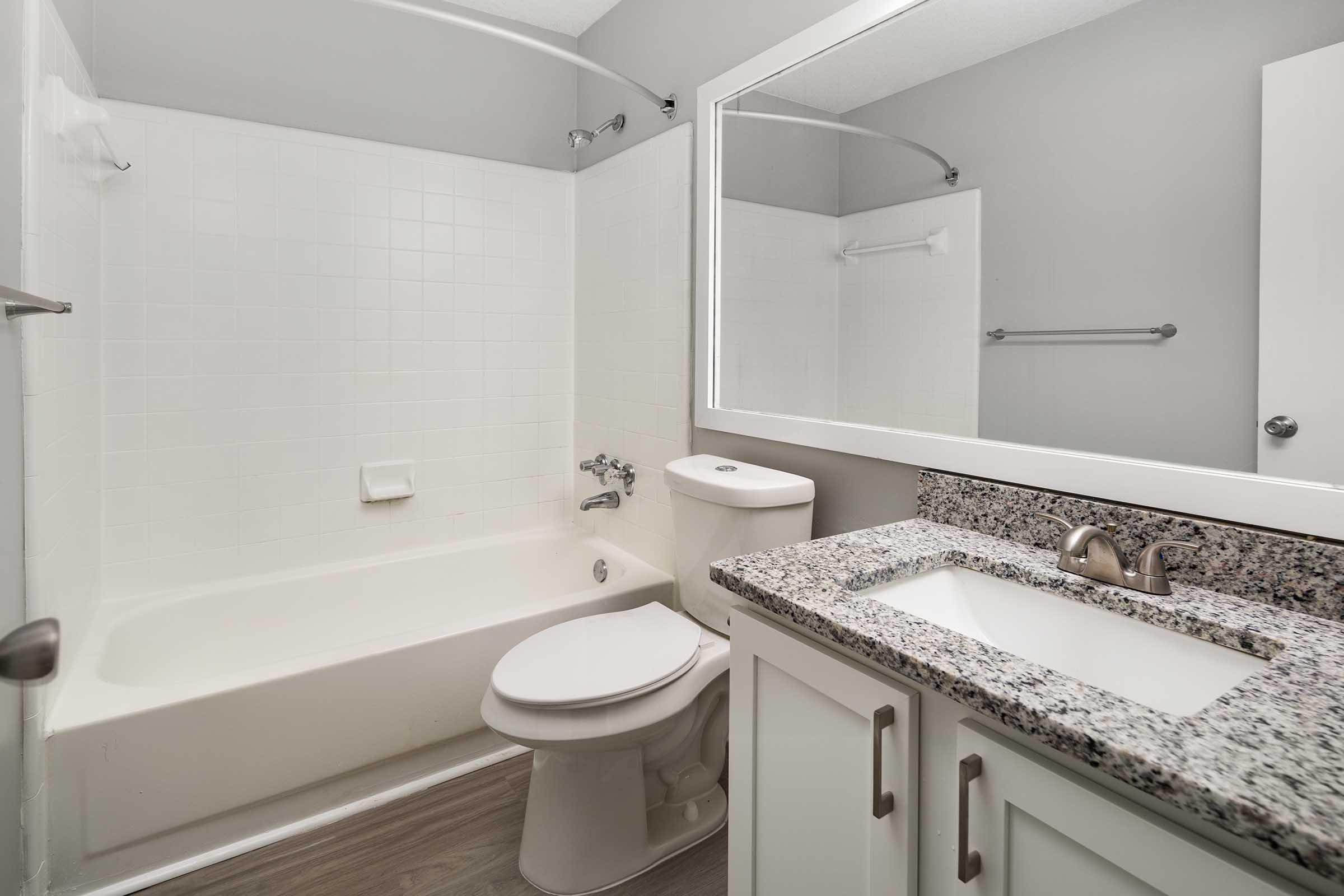 A clean, modern bathroom featuring a bathtub with a shower, a white toilet, and a granite countertop with a sink. The walls are painted in a light gray color, and there is a large mirror above the sink. The flooring is wood-like, and there's a towel bar on the wall.