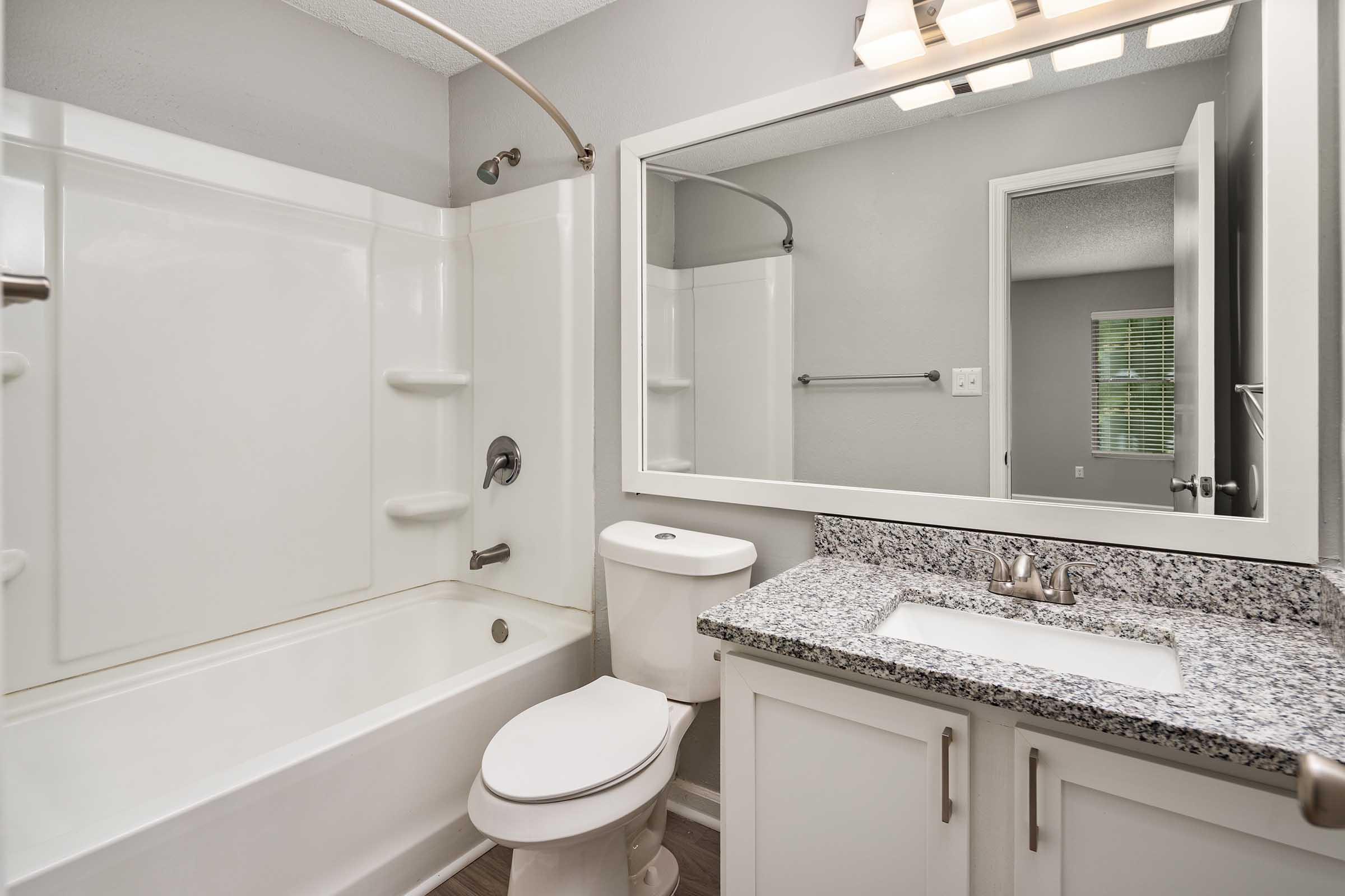 A modern bathroom featuring a white bathtub and shower combination, toilet, and a granite countertop with a sink. The walls are painted in a light gray, and there is a large mirror above the sink. Natural light comes through a window with blinds, adding brightness to the space.