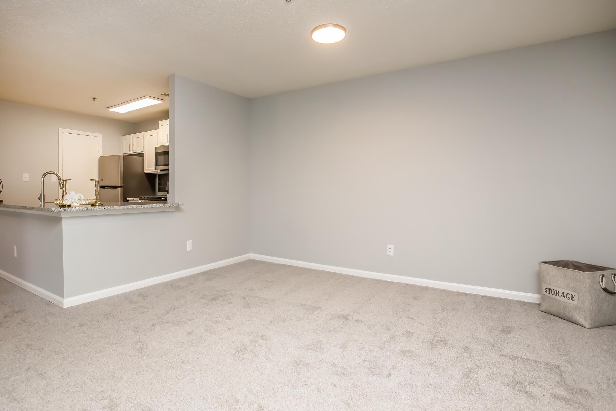 A spacious, empty living room with light gray walls and beige carpeting. The area features a small kitchen visible in the background, equipped with modern appliances and white cabinetry. A storage basket is placed in one corner, adding a touch of organization to the uncluttered space.