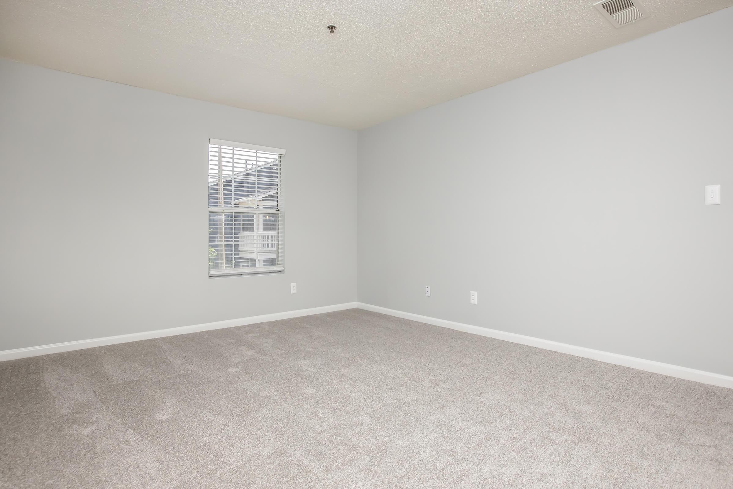 Empty room with light gray walls and a carpeted floor. A window with blinds allows natural light to enter. There are no furnishings or decoration, creating a spacious and minimalist feel.