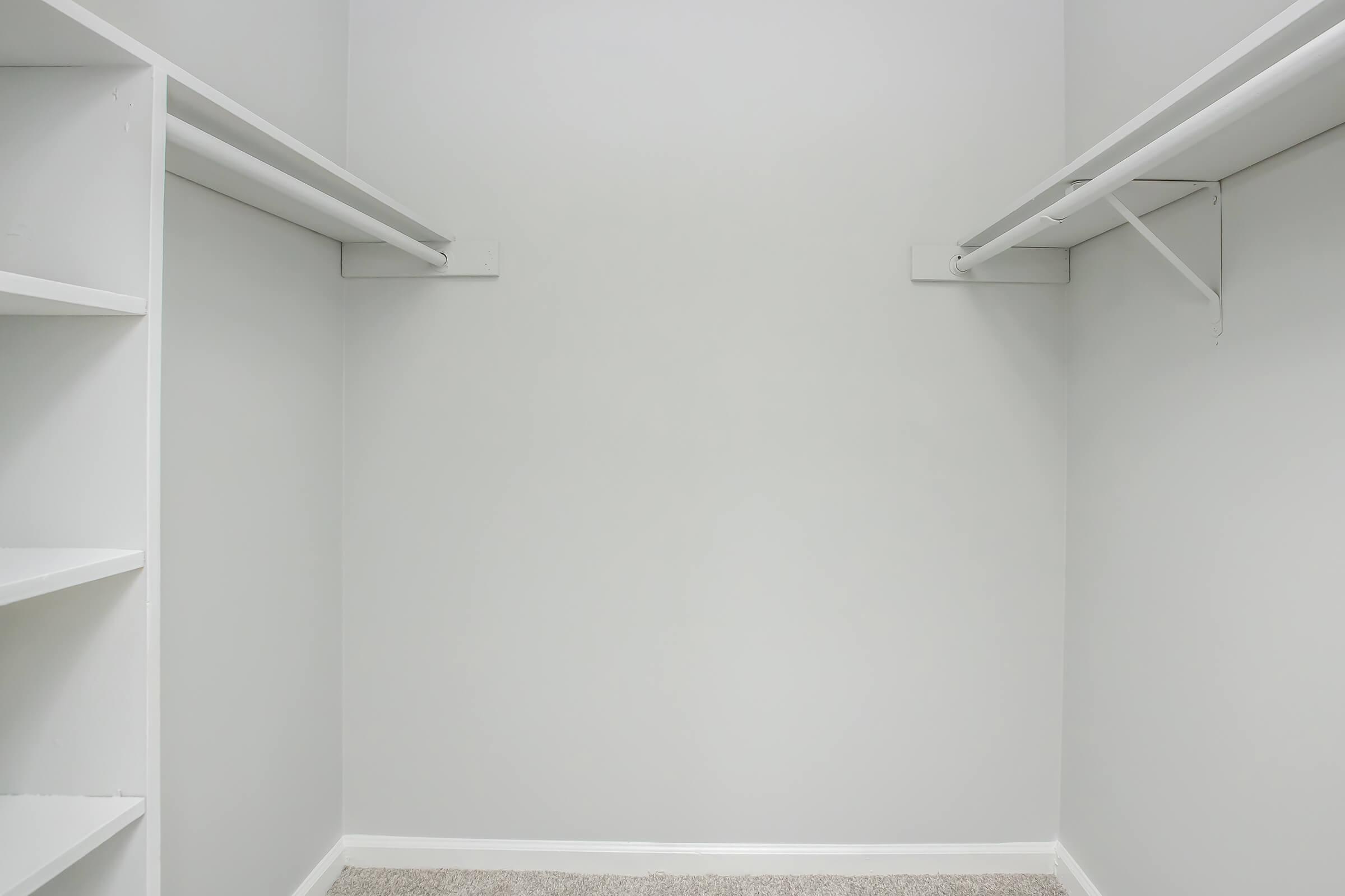 Empty closet interior with white walls, two hanging rods on either side, and shelving on the left. The floor is covered in light carpeting, giving a clean and minimalistic appearance. No items are present in the closet.