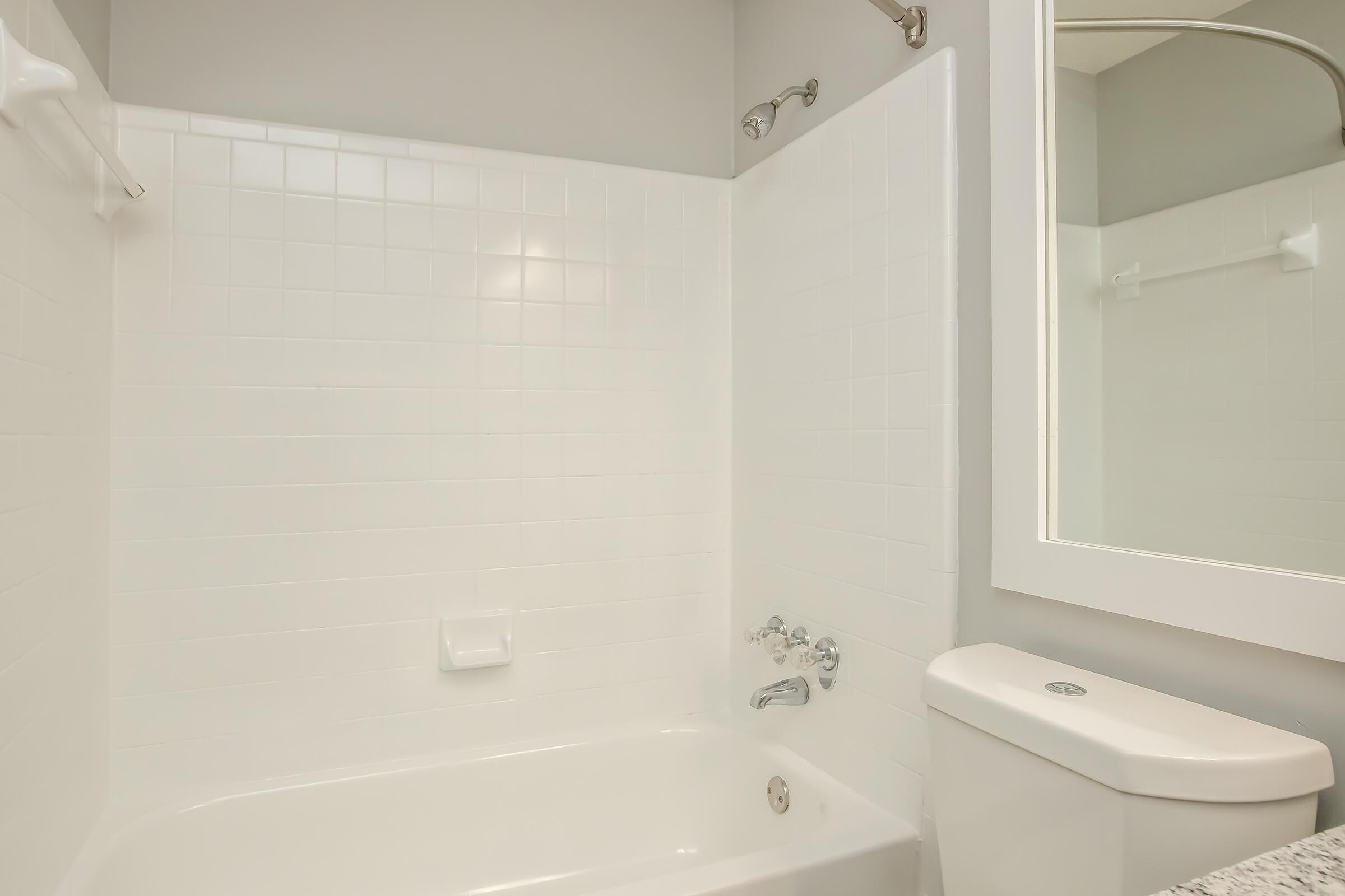 A clean, modern bathroom featuring a white tiled shower and bathtub combination, a toilet, and a mirror above a light-colored countertop. The walls are painted in a neutral tone, creating a bright and spacious appearance.