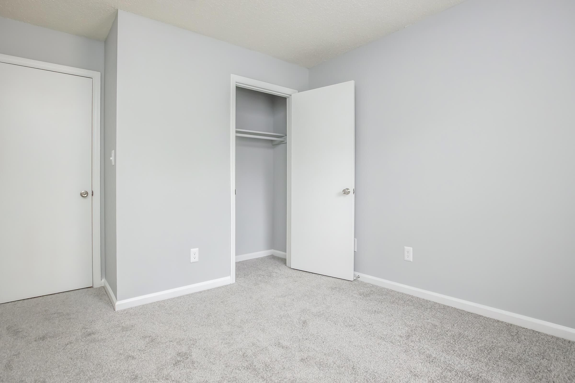 A simple, modern empty room with light gray walls and carpet. There is a white closet door open to reveal a small closet. A second white door is closed on the left. The space appears clean and well-lit, ideal for various uses or decoration.
