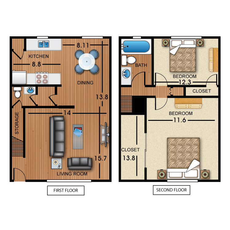 Floor plan image of 2 Bed 1.5 Bath Townhome